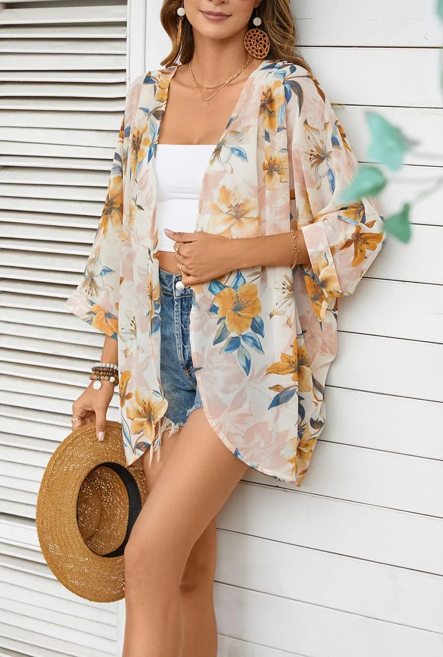 olrain Women's Floral Print Sheer Chiffon 3/4 Bat Sleeve Casual Loose Kimono Cardigan Capes