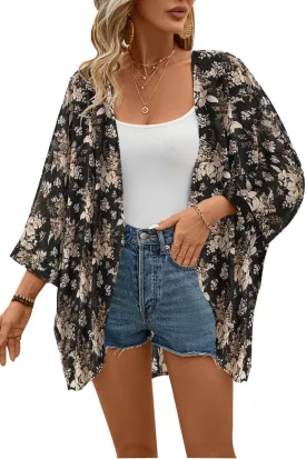 olrain Women's Floral Print Sheer Chiffon 3/4 Bat Sleeve Casual Loose Kimono Cardigan Capes