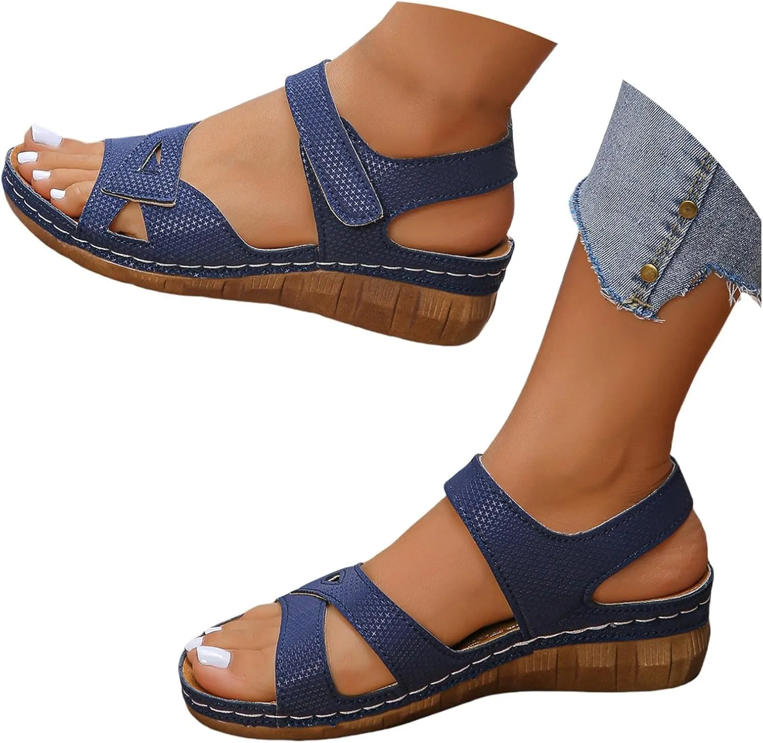 orthopedic sandals for women Summer Fashion Open Toe Elastic Ankle Strap Slip on Walking Shoes Casual Lightweight Comfortable Wedge Sandals with Arch Support