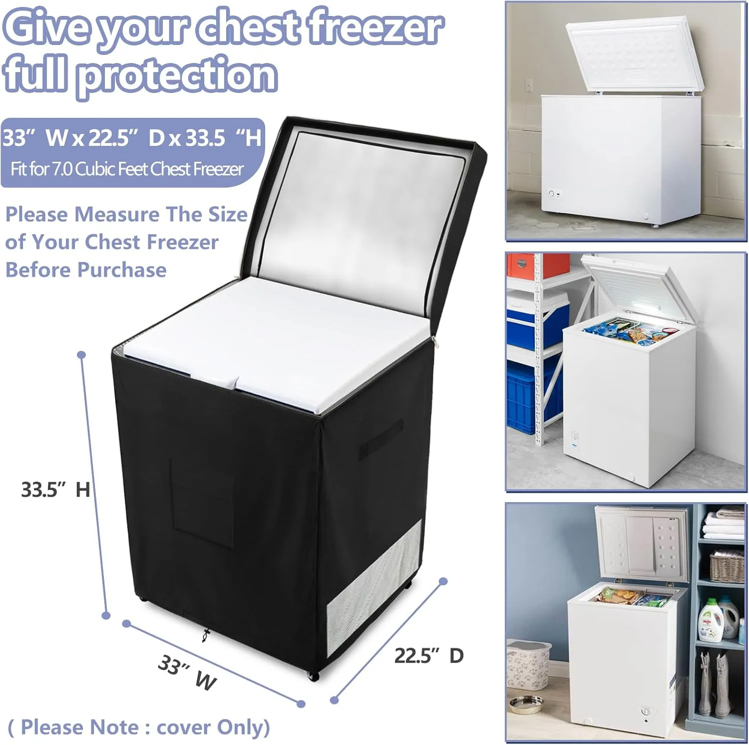 Outdoor Deep Freezer Cover,Heavy Duty 600D 100% Waterproof Chest Freezer Cover,Freezer Covers for Outside 7.0 Cubic Chest Freezer,Top Can Be Opened by Zipper(33"W x 22.5"D x 33.5"H,Black)