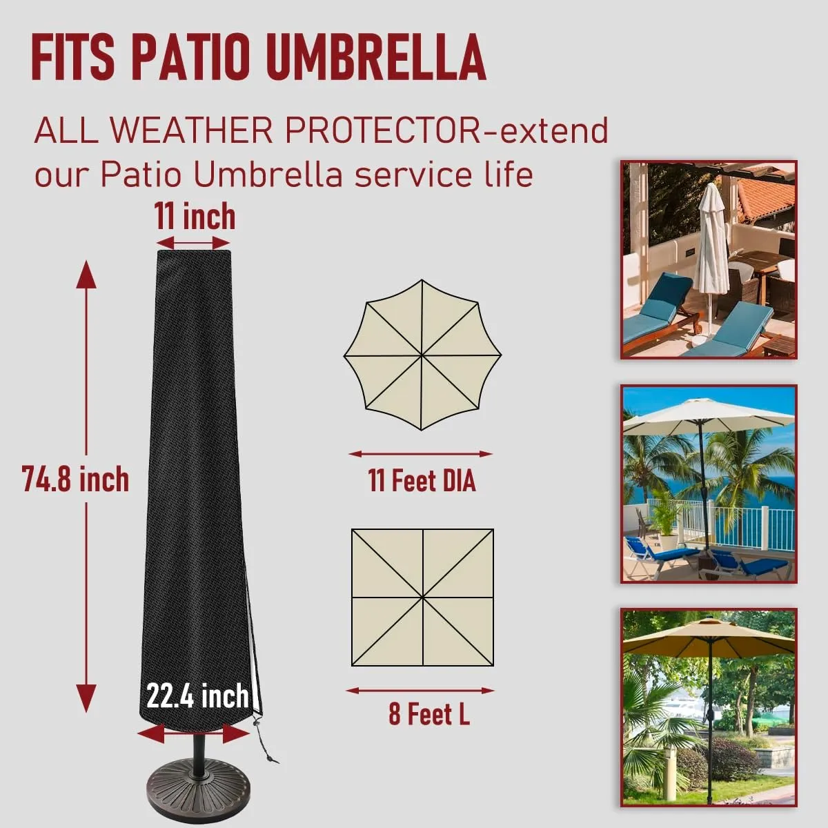 Patio Umbrella Cover Outdoor Umbrella Cover with Rod Waterproof Durable 420D Polyester Fabric Patio Parasol Umbrella Cover for 7 ft to 11 ft Outdoor Umbrella (Black)