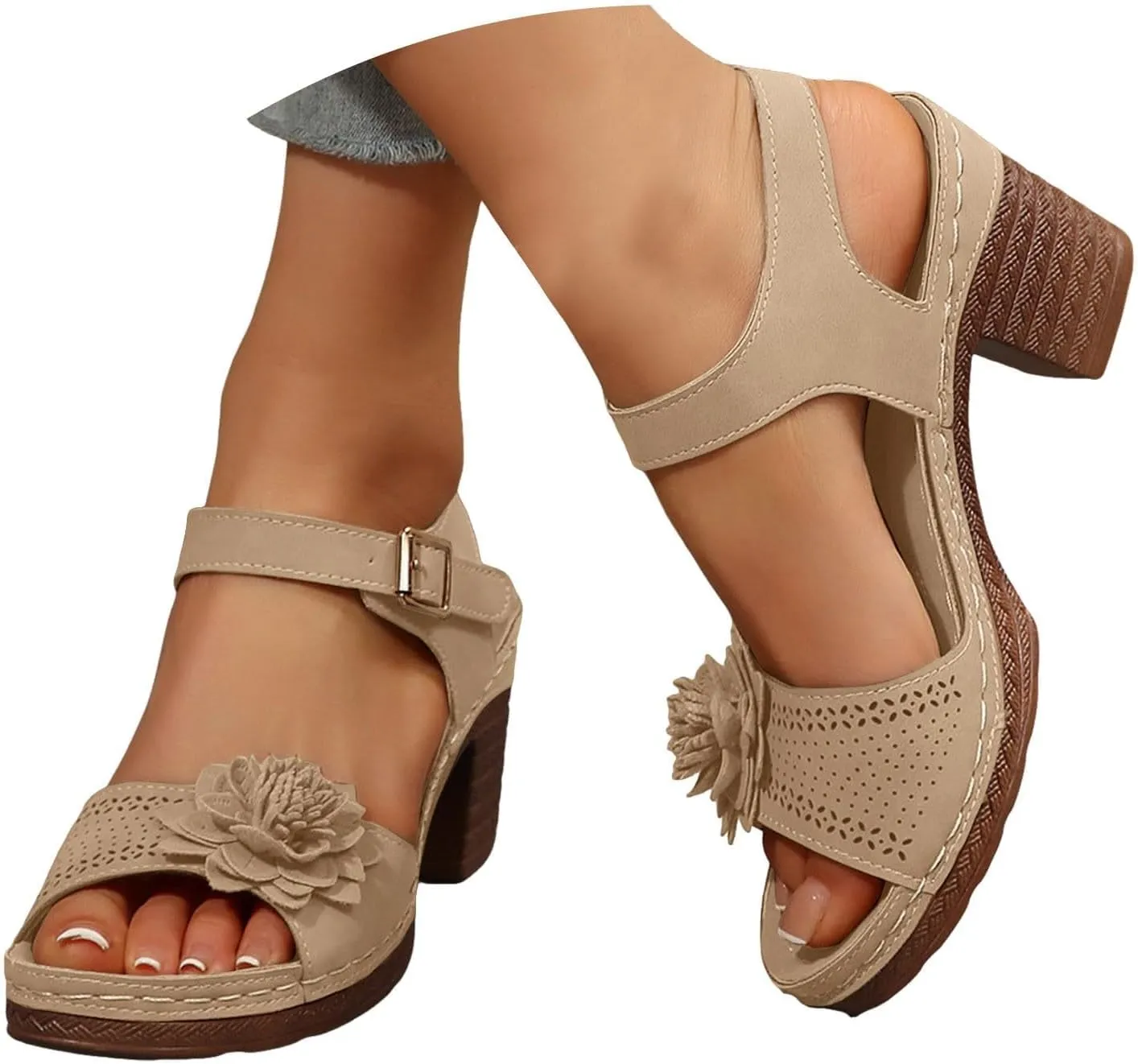 Peep Toe Sandals for Women 2025 Summer Casual Flower Hollow Out Platform Heels Sandals Breathable Sandal Comfortable Chunky Ankle Strap Wedding Shoes Dressy Outdoor Party Working Shoes 2025