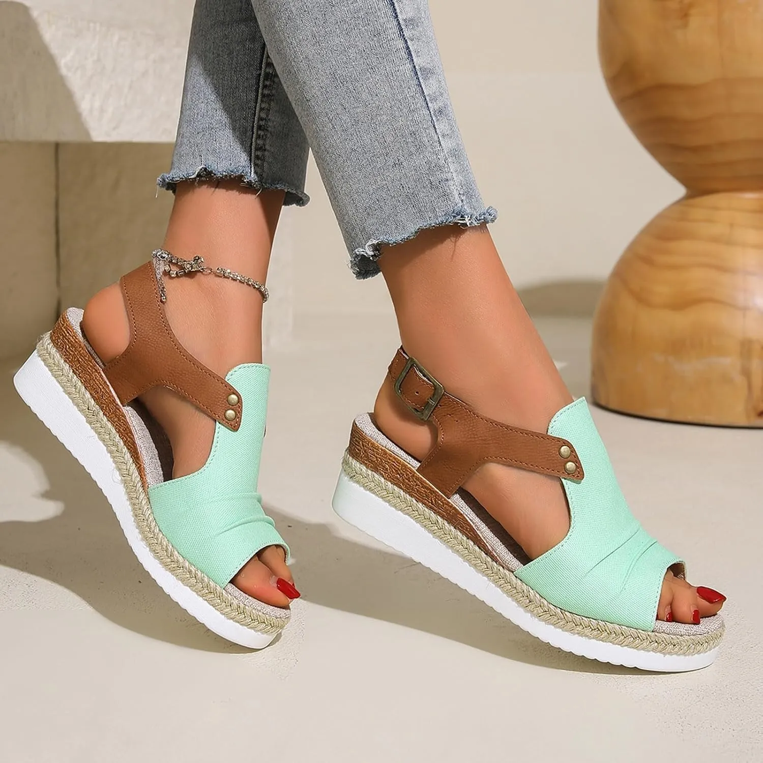 PGOJUNI Soft & Stylish Orthopedic Wedge Sandals for Women 2025 Summer Dressy Flat Open Toe Ankle Strap Espadrilles Sandals Boho