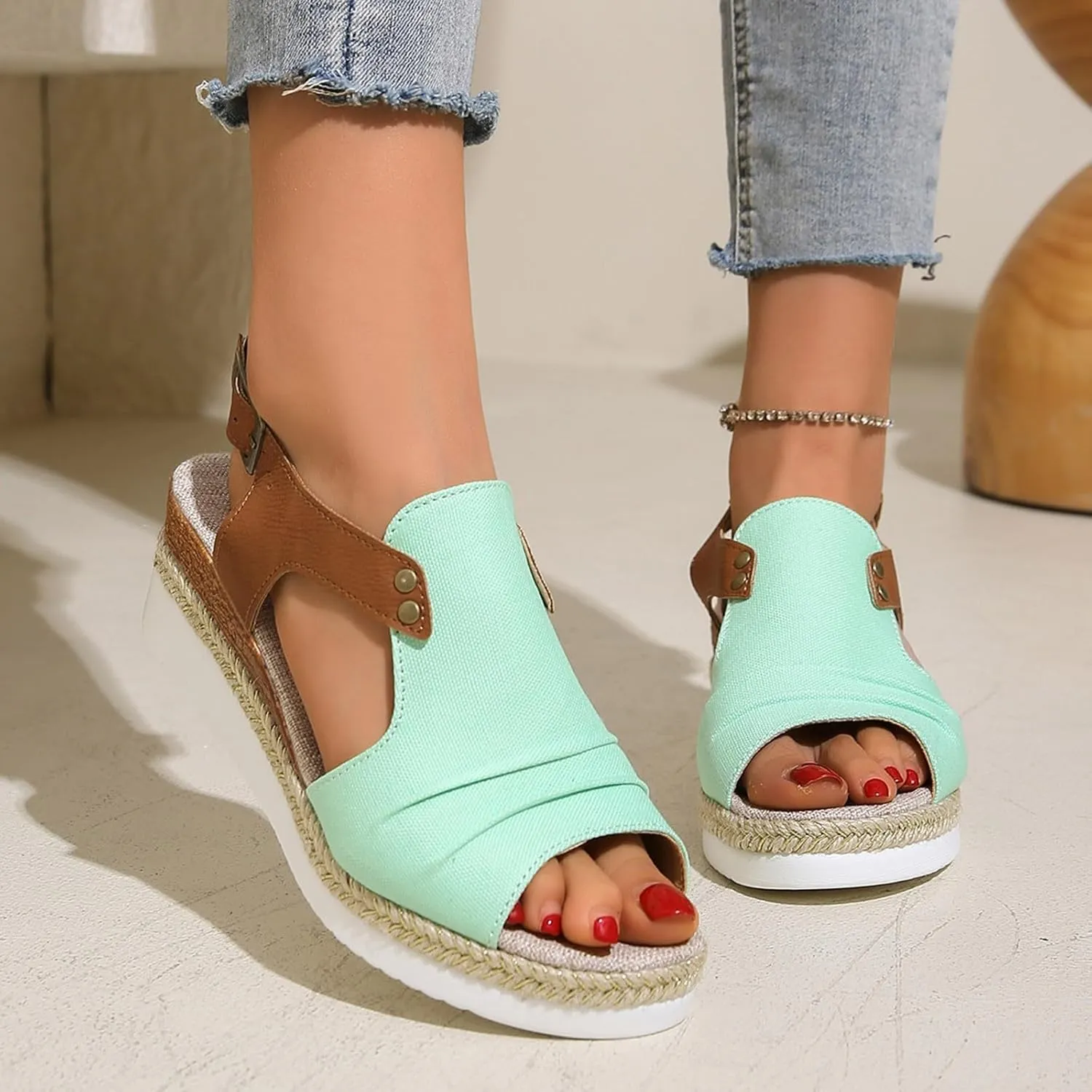 PGOJUNI Soft & Stylish Orthopedic Wedge Sandals for Women 2025 Summer Dressy Flat Open Toe Ankle Strap Espadrilles Sandals Boho