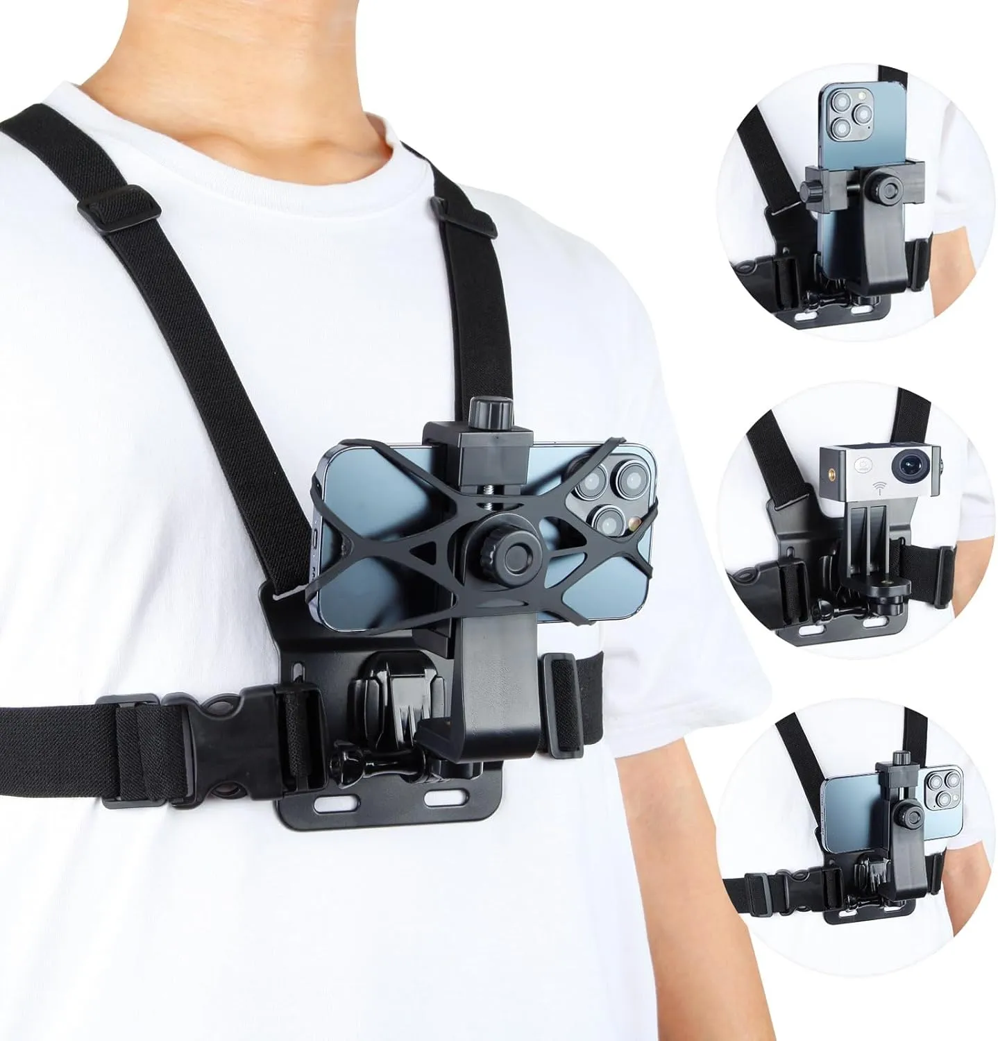 Phone Chest Mount Harness Strap Cell Phone Holder for Video Recording Action Camera POV/Bike/Kayak/Running/VLOG Suitable for iPhone/Hero 11/10/9/Insta 360 X2 X3/DJI (with Anti-Drop Net)