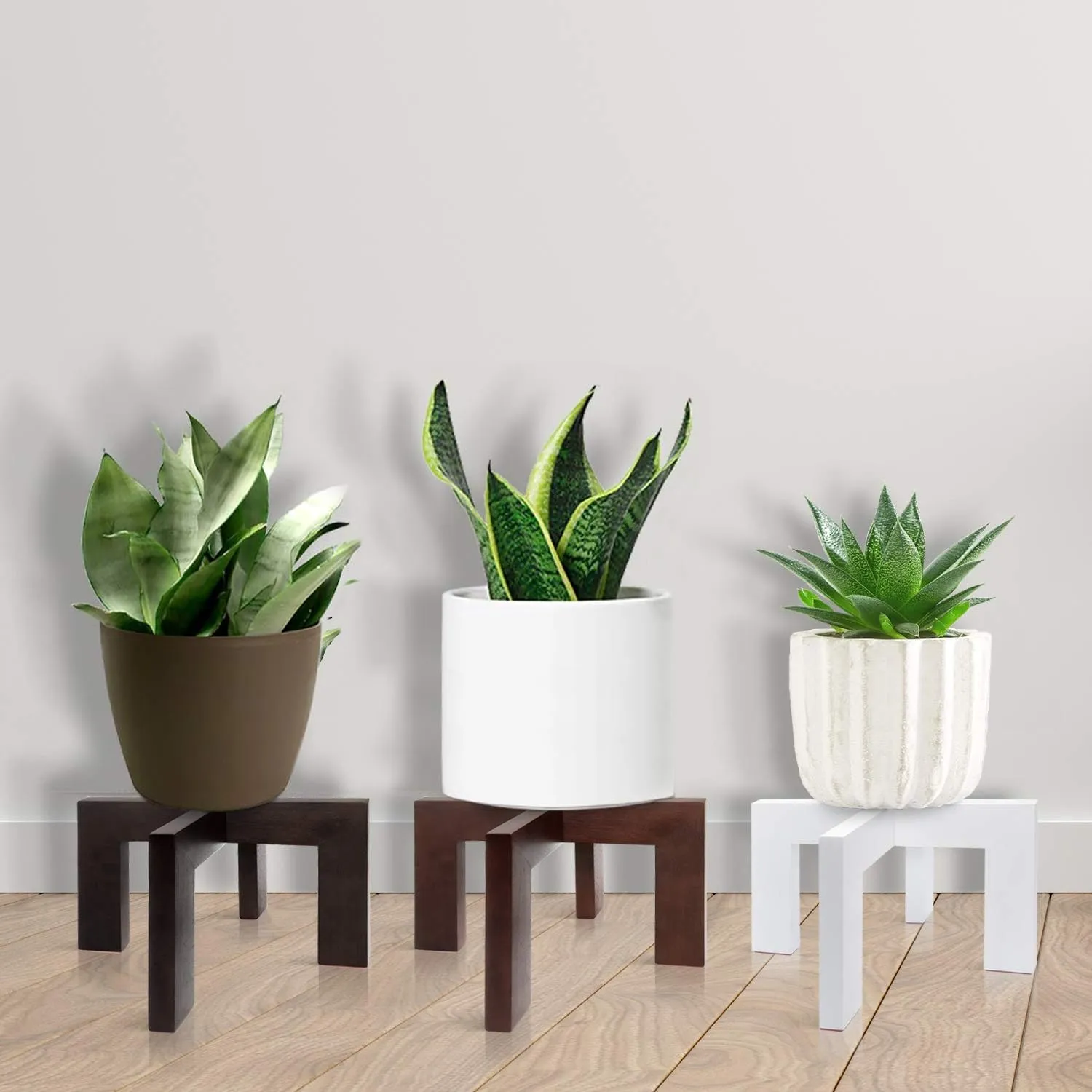 Plant Stand Indoor, Mid Century Modern Wood Planter Stand Rattan Flower Pot Stand, Low Short Plant Stands Indoor - Boho Rustic Wooden Stool for Plant Pot Holder, Fit 5-15 Inch Pot,2 Pack