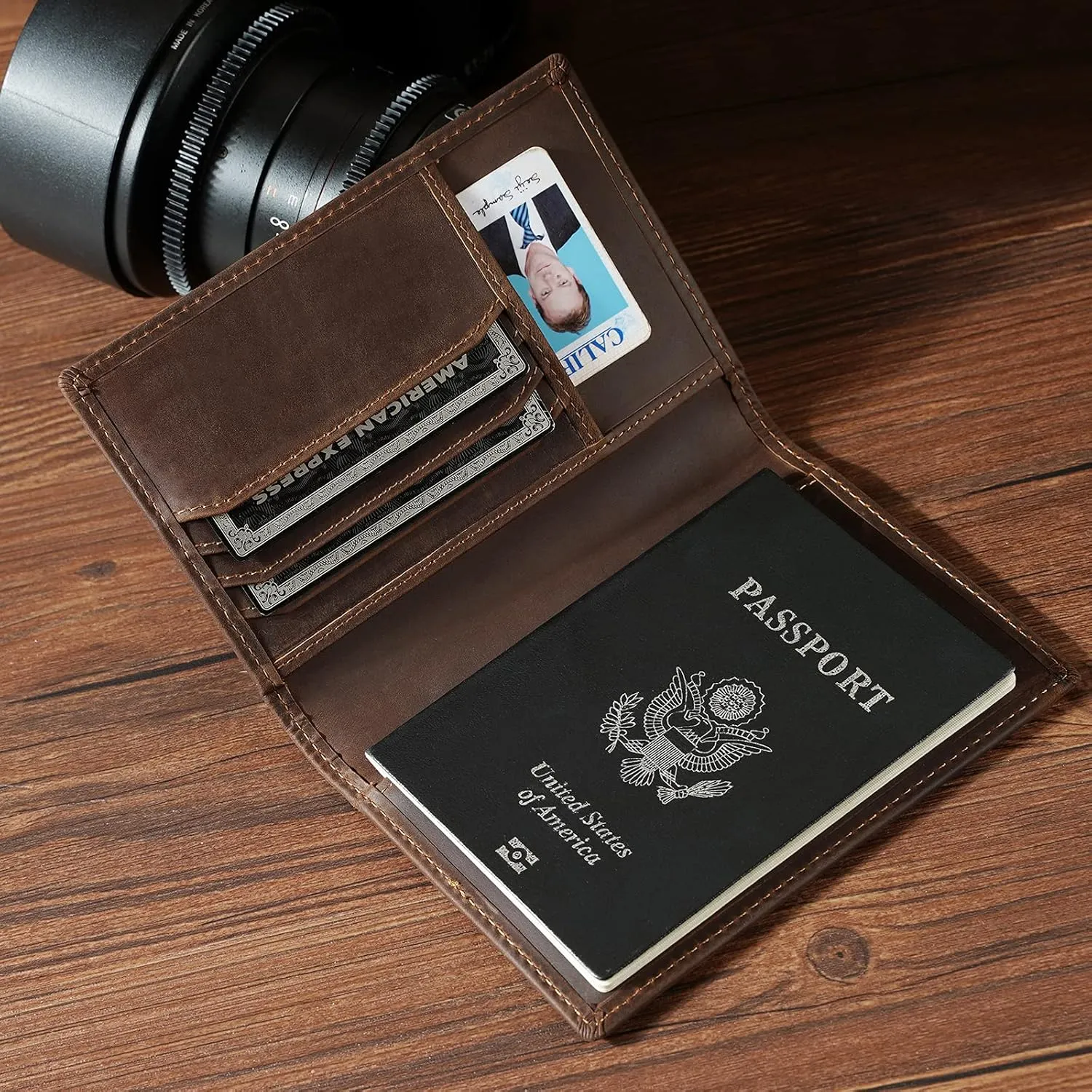 Polare Slim RFID Blocking Leather Passport Holder Travel Bifold Wallet For Men(Dark Brown Compass)