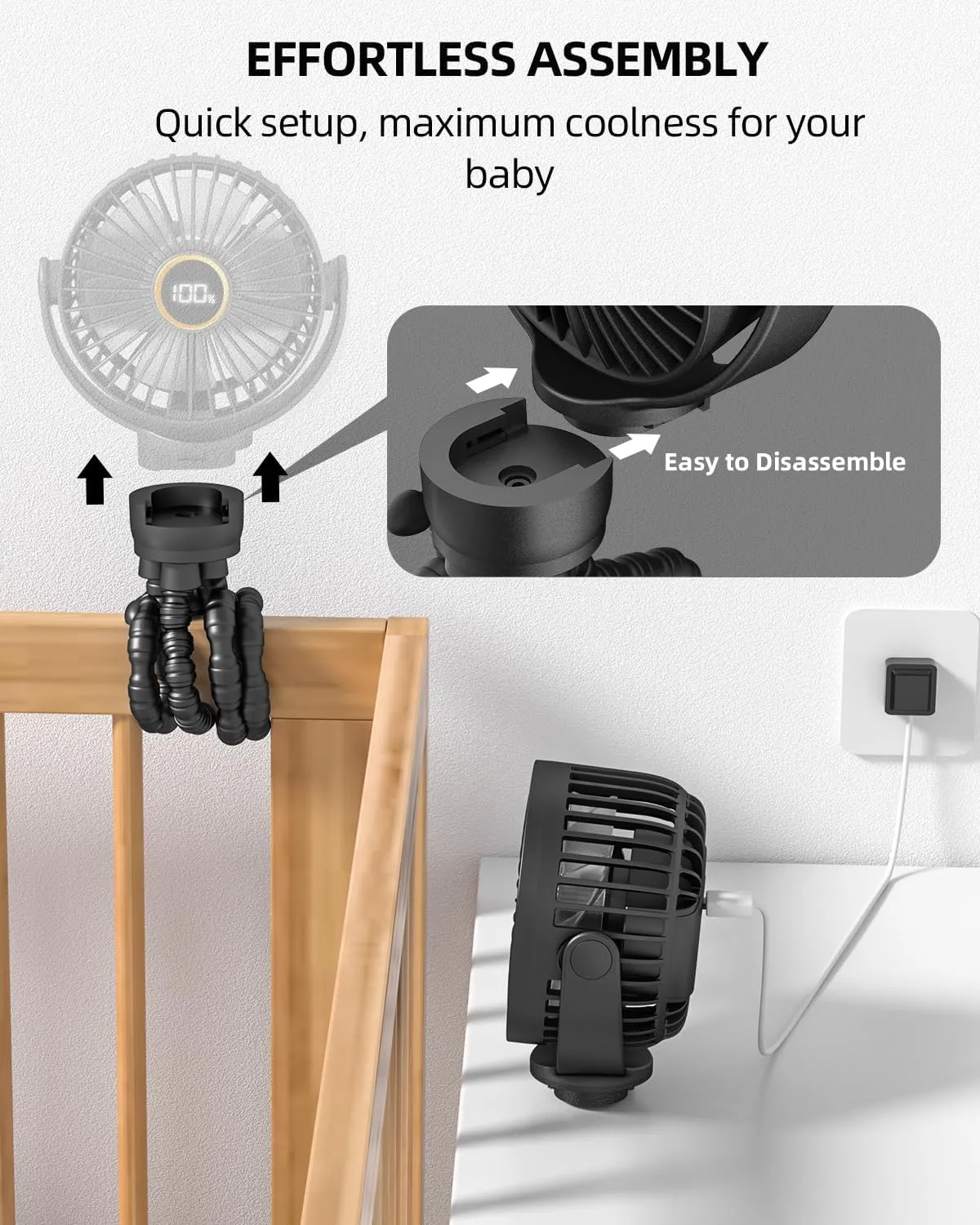 Portable Stroller Mini Fan, Small Rechargeable Personal Cooler w/ 360 Rotation, 3-Speed, Display, Battery Powered Stroller Accessories, Baby Essentials for Car Seat, Crib, Bike, Treadmill, Black