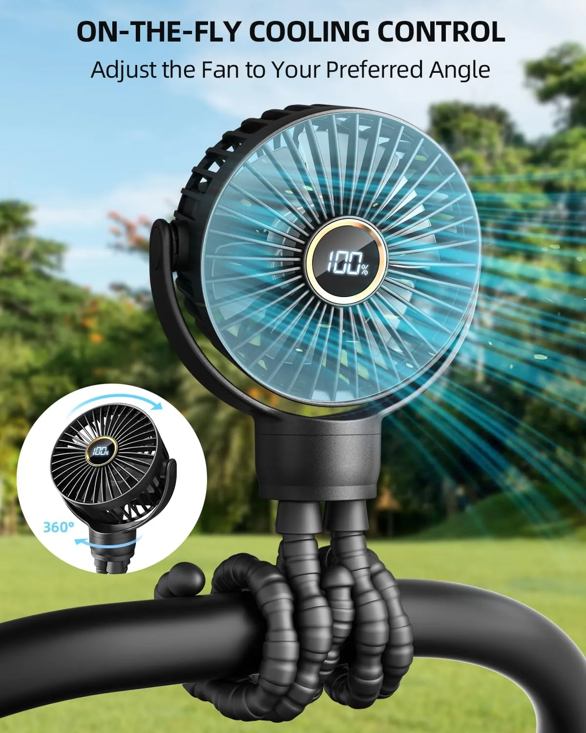 Portable Stroller Mini Fan, Small Rechargeable Personal Cooler w/ 360 Rotation, 3-Speed, Display, Battery Powered Stroller Accessories, Baby Essentials for Car Seat, Crib, Bike, Treadmill, Black