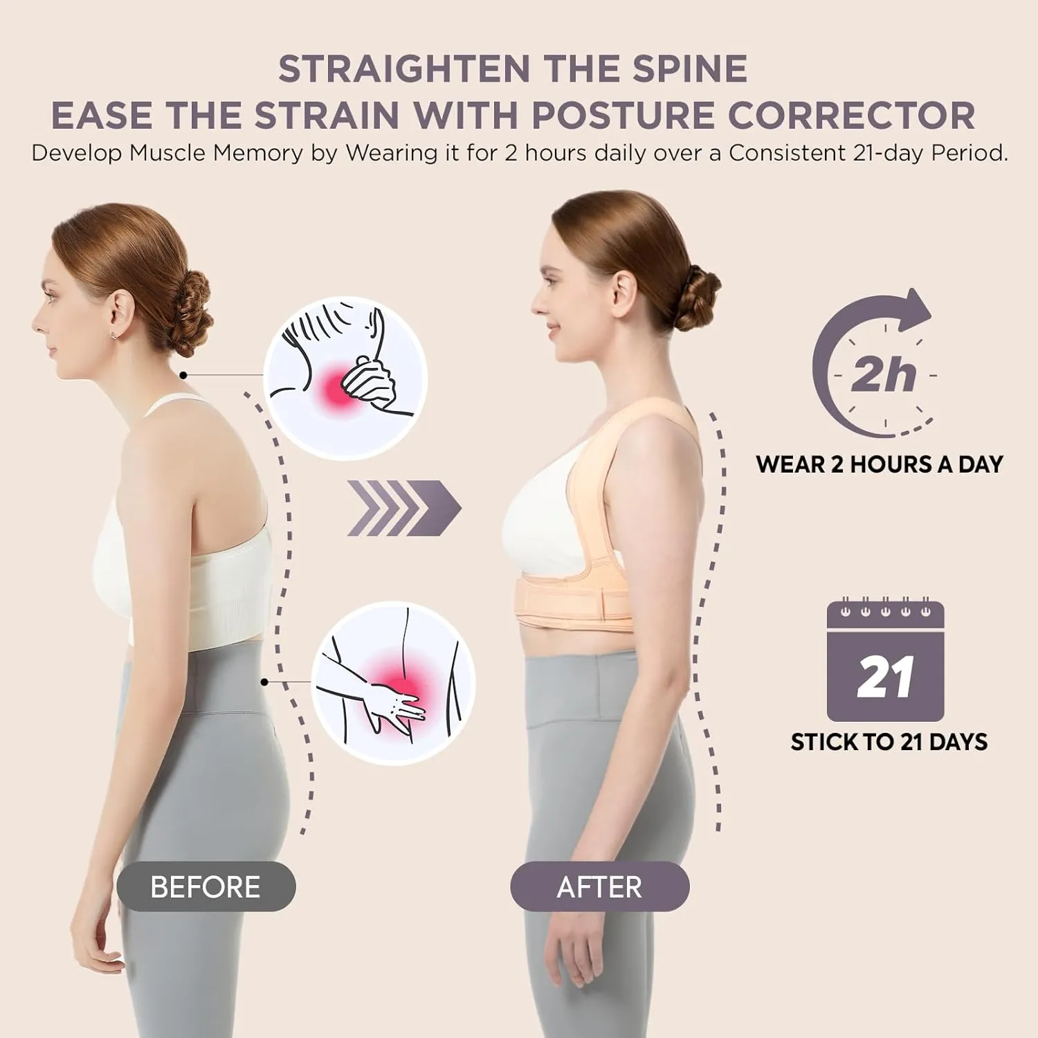 Posture Corrector for Women and Men, Adjustable Upper Back Brace for Clavicle Support and Providing Pain Relief from Neck, Shoulder, and Upper Back (Beige, Small/Medium)