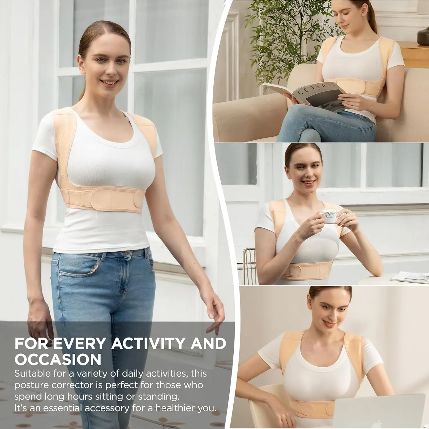 Posture Corrector for Women and Men, Adjustable Upper Back Brace for Clavicle Support and Providing Pain Relief from Neck, Shoulder, and Upper Back (Beige, Small/Medium)
