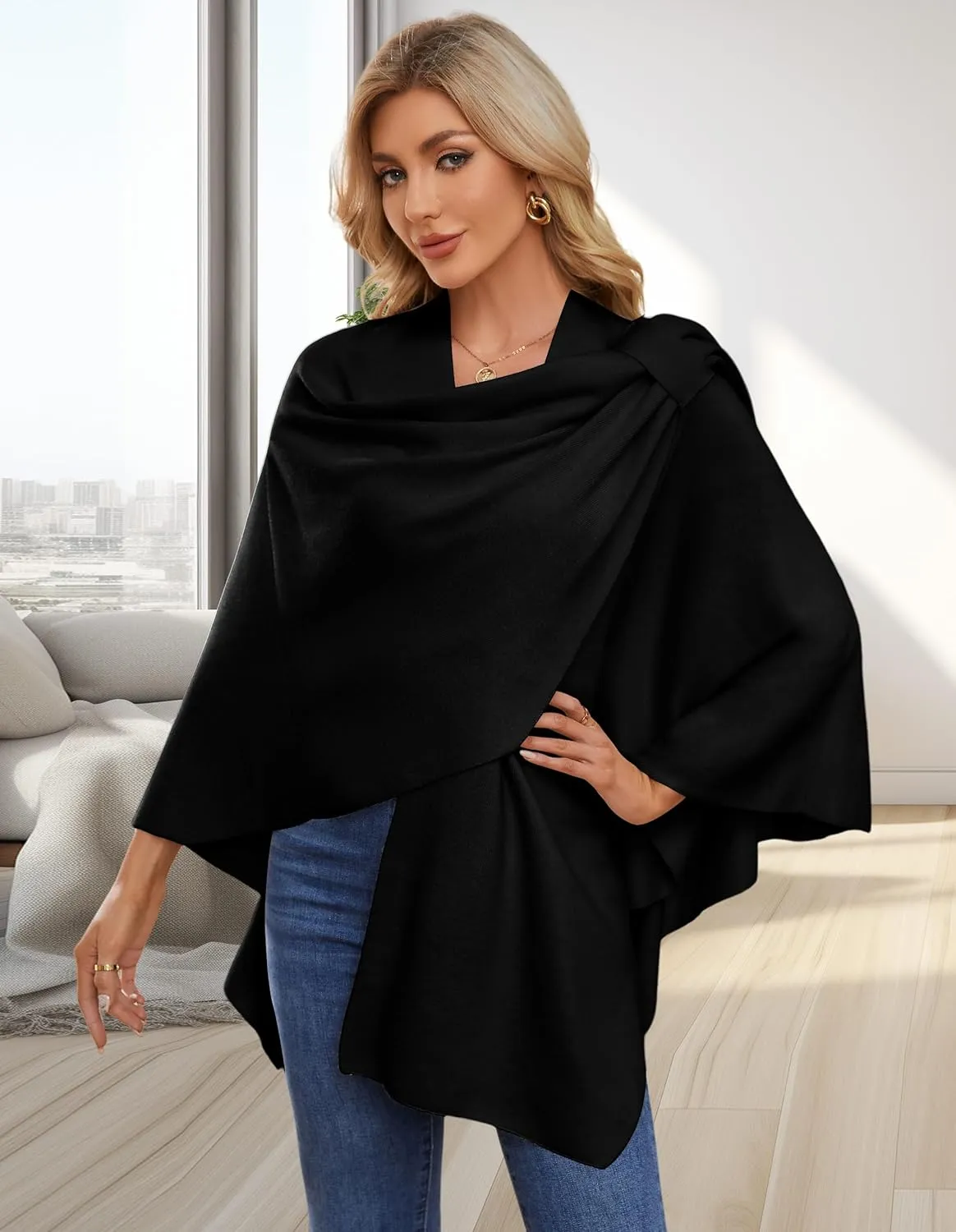 PULI Womens Large Cross Front Poncho Sweater Wrap Topper Knitted Elegant Shawls Cape for Fall Winter