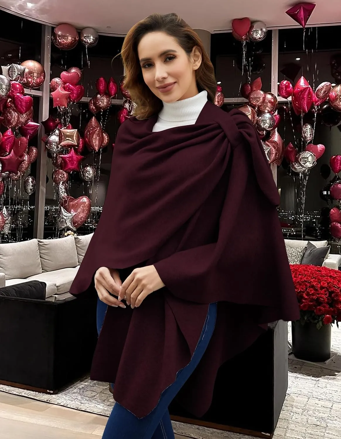 PULI Womens Large Cross Front Poncho Sweater Wrap Topper Knitted Elegant Shawls Cape for Fall Winter