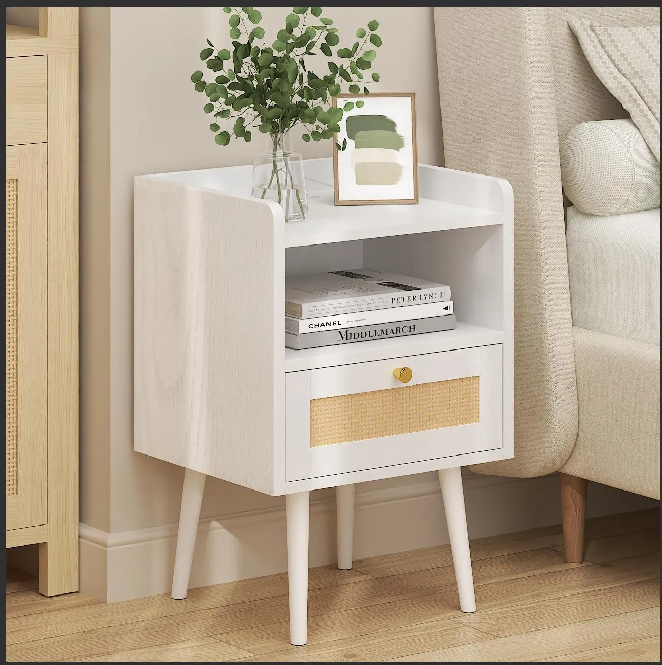 Rattan Nightstand with Charging Station, Mid Century Modern Bed Side Table, Boho End Table with Wood Legs, Bedside Tables for Farmhouse Bedroom Living Room Dorm Sofa Couch Office Corner (2, White)