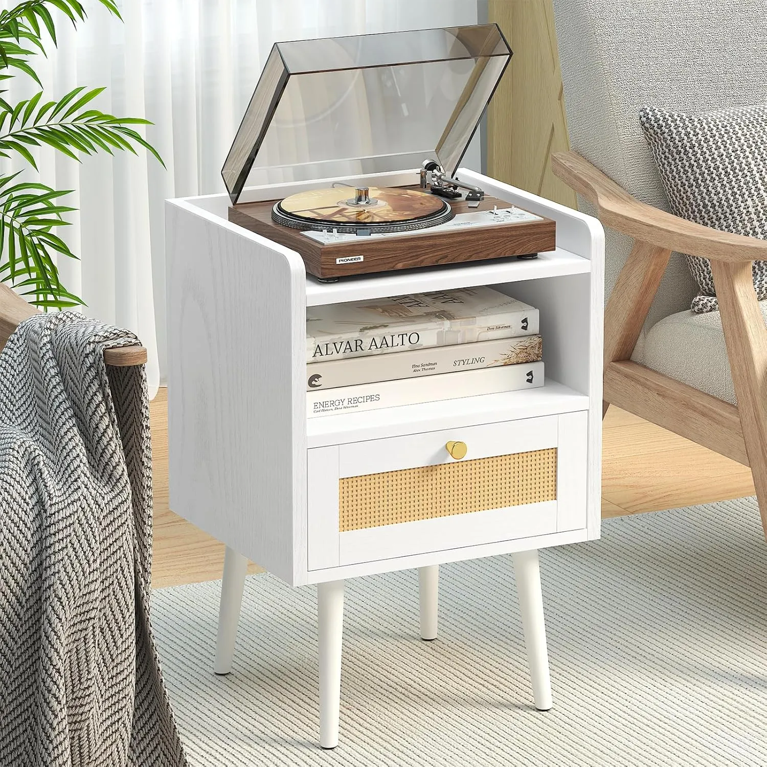 Rattan Nightstand with Charging Station, Mid Century Modern Bed Side Table, Boho End Table with Wood Legs, Bedside Tables for Farmhouse Bedroom Living Room Dorm Sofa Couch Office Corner (2, White)