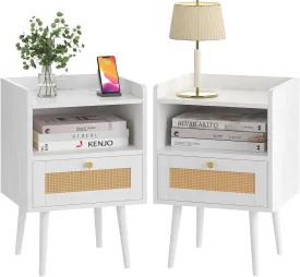 Rattan Nightstand with Charging Station, Mid Century Modern Bed Side Table, Boho End Table with Wood Legs, Bedside Tables for Farmhouse Bedroom Living Room Dorm Sofa Couch Office Corner (2, White)