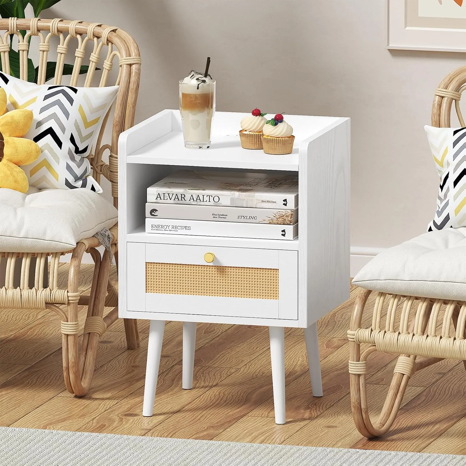 Rattan Nightstand with Charging Station, Mid Century Modern Bed Side Table, Boho End Table with Wood Legs, Bedside Tables for Farmhouse Bedroom Living Room Dorm Sofa Couch Office Corner (2, White)