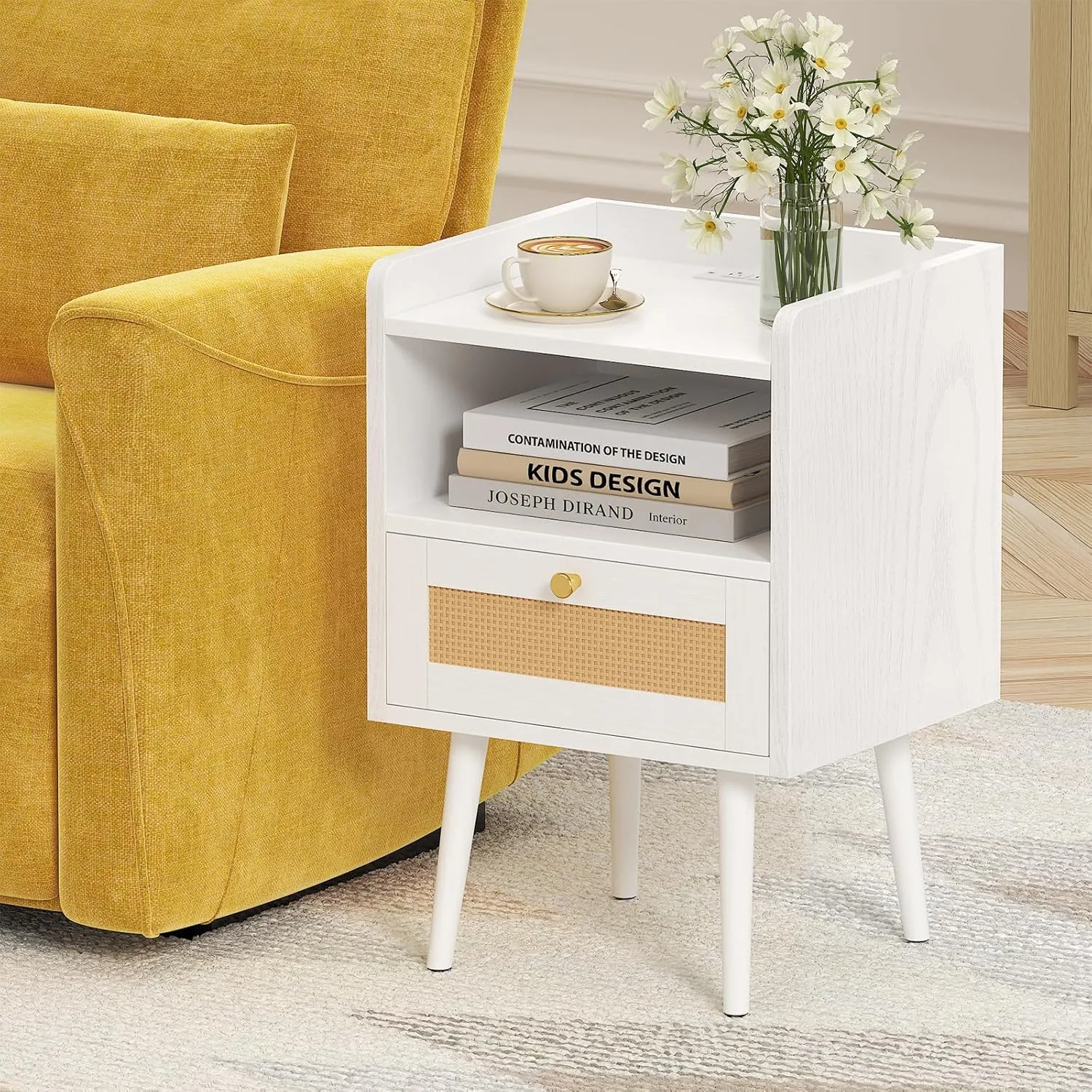 Rattan Nightstand with Charging Station, Mid Century Modern Bed Side Table, Boho End Table with Wood Legs, Bedside Tables for Farmhouse Bedroom Living Room Dorm Sofa Couch Office Corner (2, White)