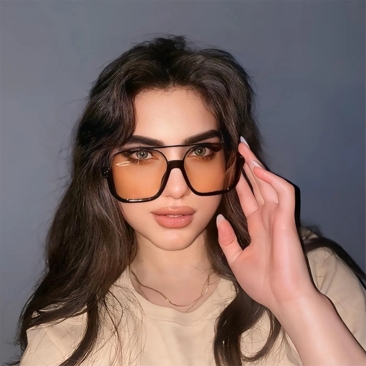 Retro Oversized Aviator Sunglasses for Women Men Square Semi-Rimless Sun Glasses 70s Trendy Shades Pilot-style