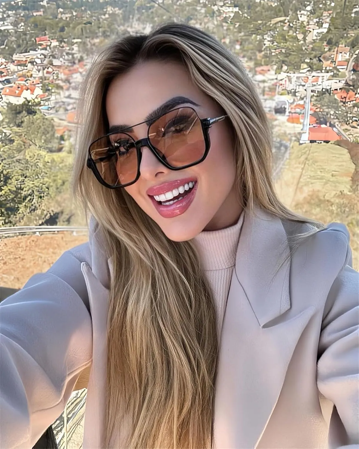 Retro Oversized Aviator Sunglasses for Women Men Square Semi-Rimless Sun Glasses 70s Trendy Shades Pilot-style