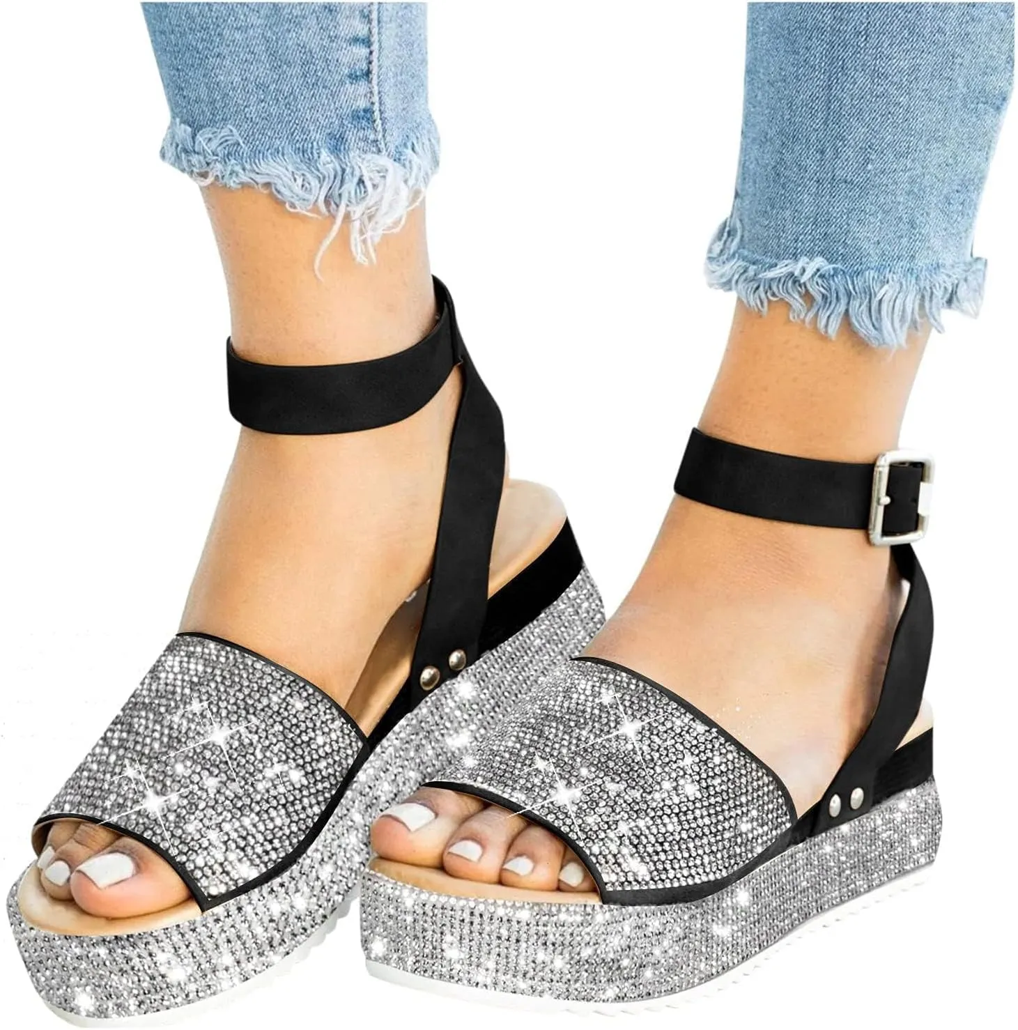 Sandals for Women Fashion Trendy Rhinestone Glitter Flatform Sandal 2025 Womens Ankle Strap Platform Shoes Shiny Rhinestone Boho Crystal Wedges Open Toe Dress Sandals Comfortable Platform Shoes 2025