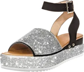 Sandals for Women Fashion Trendy Rhinestone Glitter Flatform Sandal 2025 Womens Ankle Strap Platform Shoes Shiny Rhinestone Boho Crystal Wedges Open Toe Dress Sandals Comfortable Platform Shoes 2025