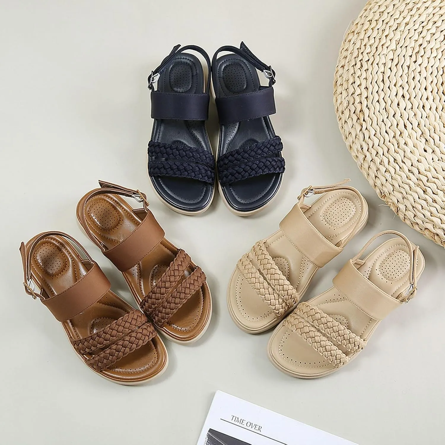 Sandals for Women Summer Beach Boho Sandals Dressy Low Wedge Sandal Elastic Ankle Strap Sandal Casual Walking Shoes