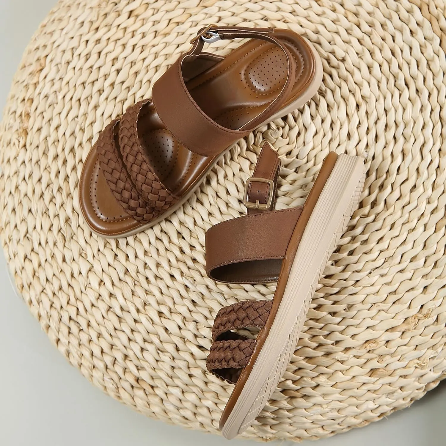 Sandals for Women Summer Beach Boho Sandals Dressy Low Wedge Sandal Elastic Ankle Strap Sandal Casual Walking Shoes