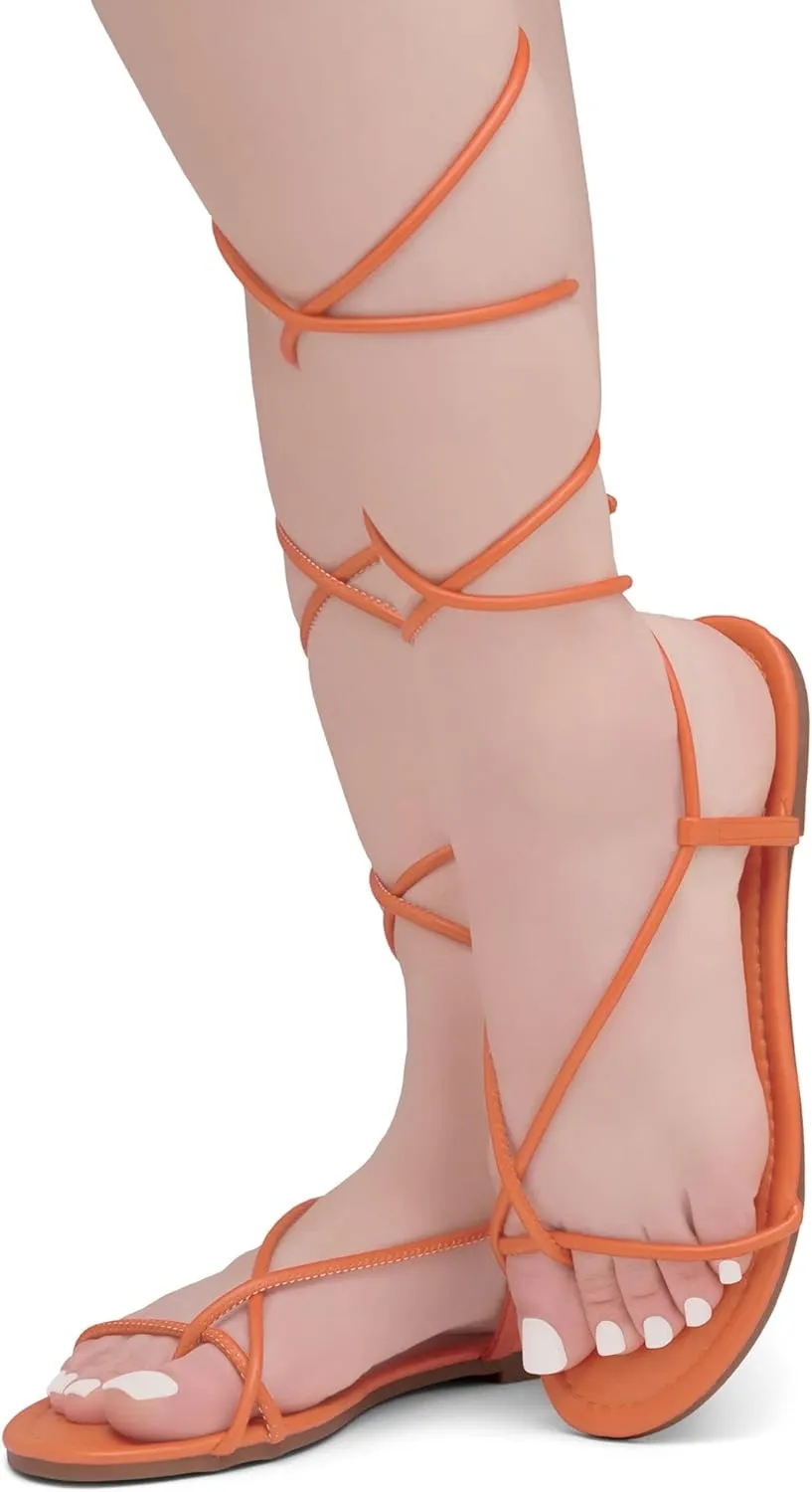 Shoe Land Womens Flat Sandals  Comfortable Lace-Up Gladiator Sandals with Adjustable Ankle Wrap | Strappy Crisscross Open Toe Tie-Up Shoes for Summer, Beach & Travel