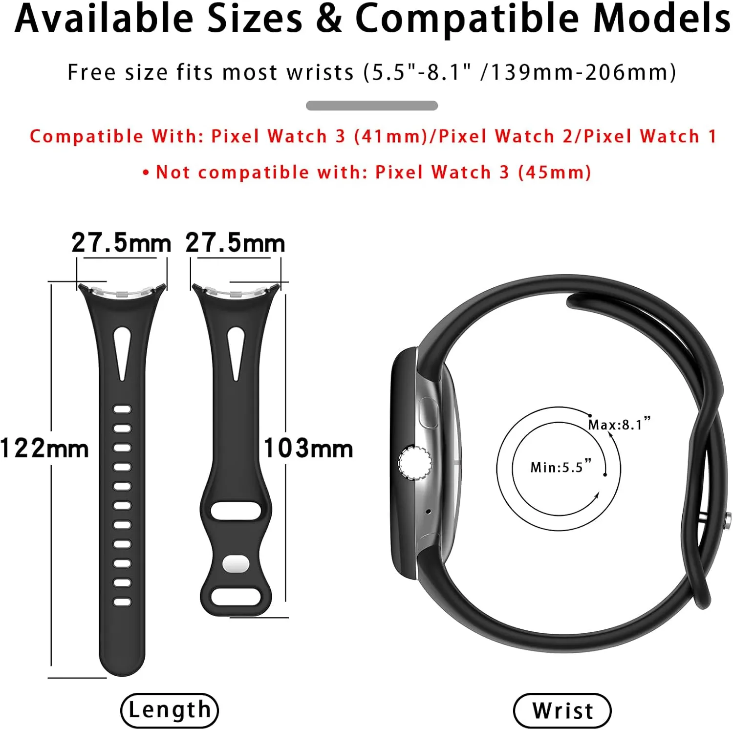 Slim Bands Compatible with Google Pixel Watch 3 (41mm)/Pixel Watch 2 1, Adjustable Breathable Soft Silicone Sport Replacement Watch Band Straps Wristbands Bracelet for Google Pixel Watch