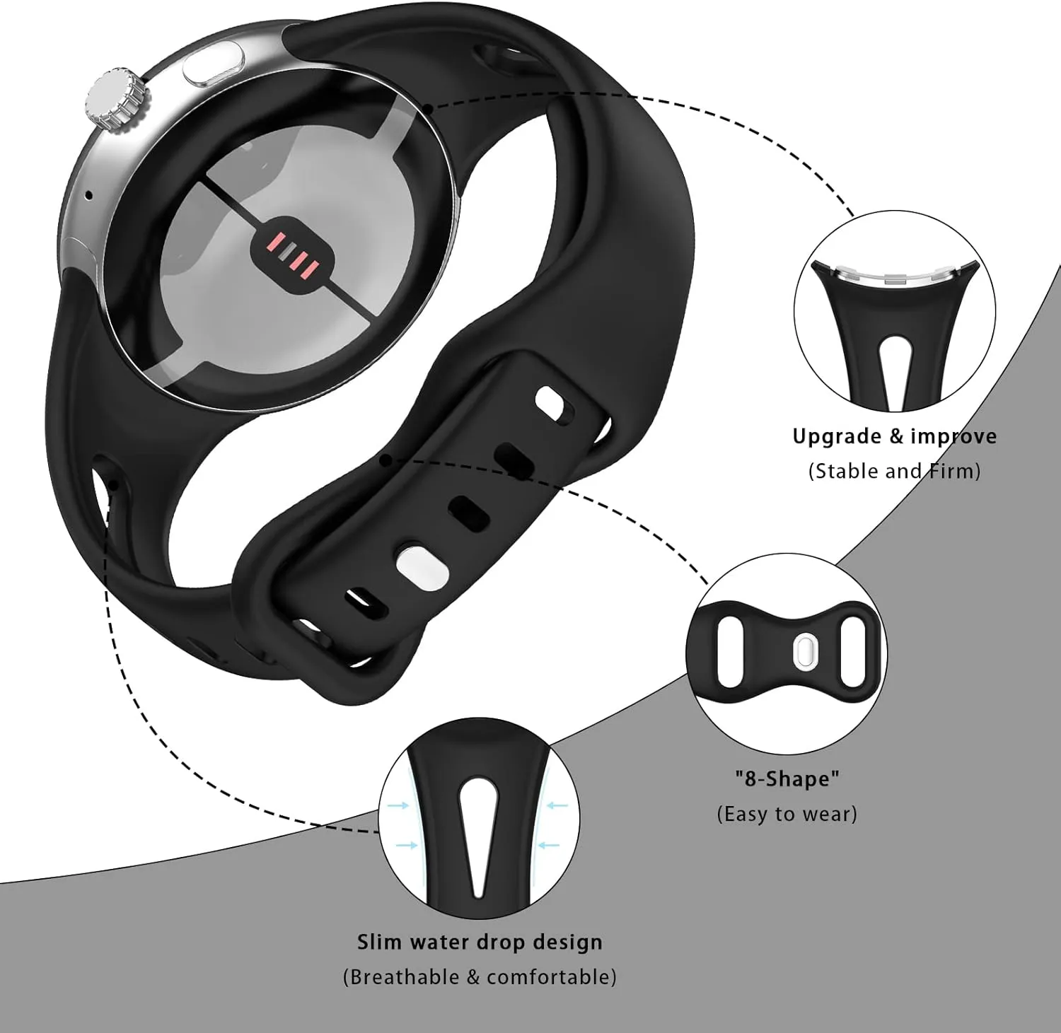 Slim Bands Compatible with Google Pixel Watch 3 (41mm)/Pixel Watch 2 1, Adjustable Breathable Soft Silicone Sport Replacement Watch Band Straps Wristbands Bracelet for Google Pixel Watch
