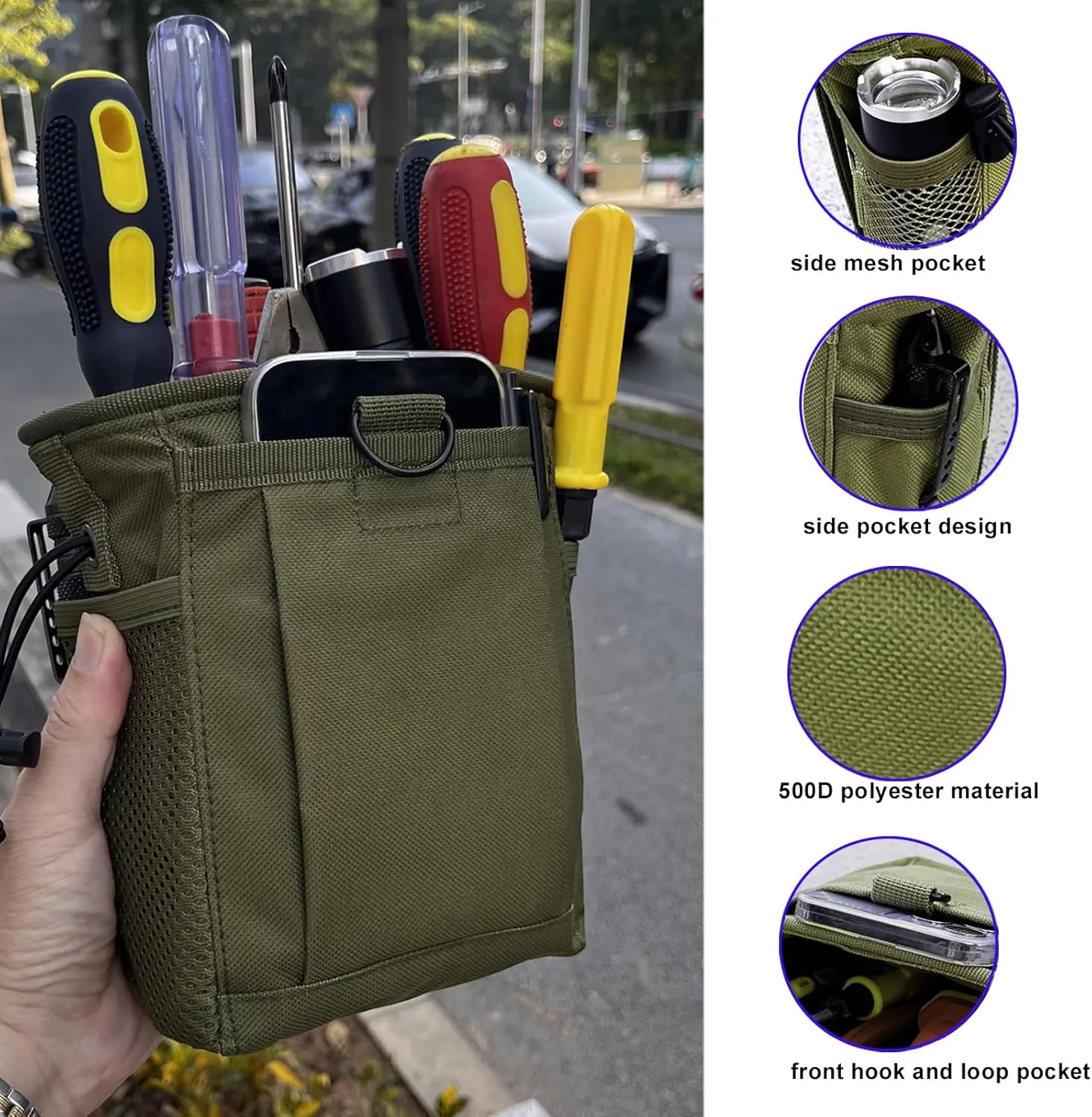 Small Tool Pouch,Utility Tool Bag, Small Toolbox, Screw Driver, Plier Organizer, Flashlight Holster and Knife Holder, Tool Belt Pouches for Electrician,Contractor,Plumber,Carpenter,Home Use(Green)