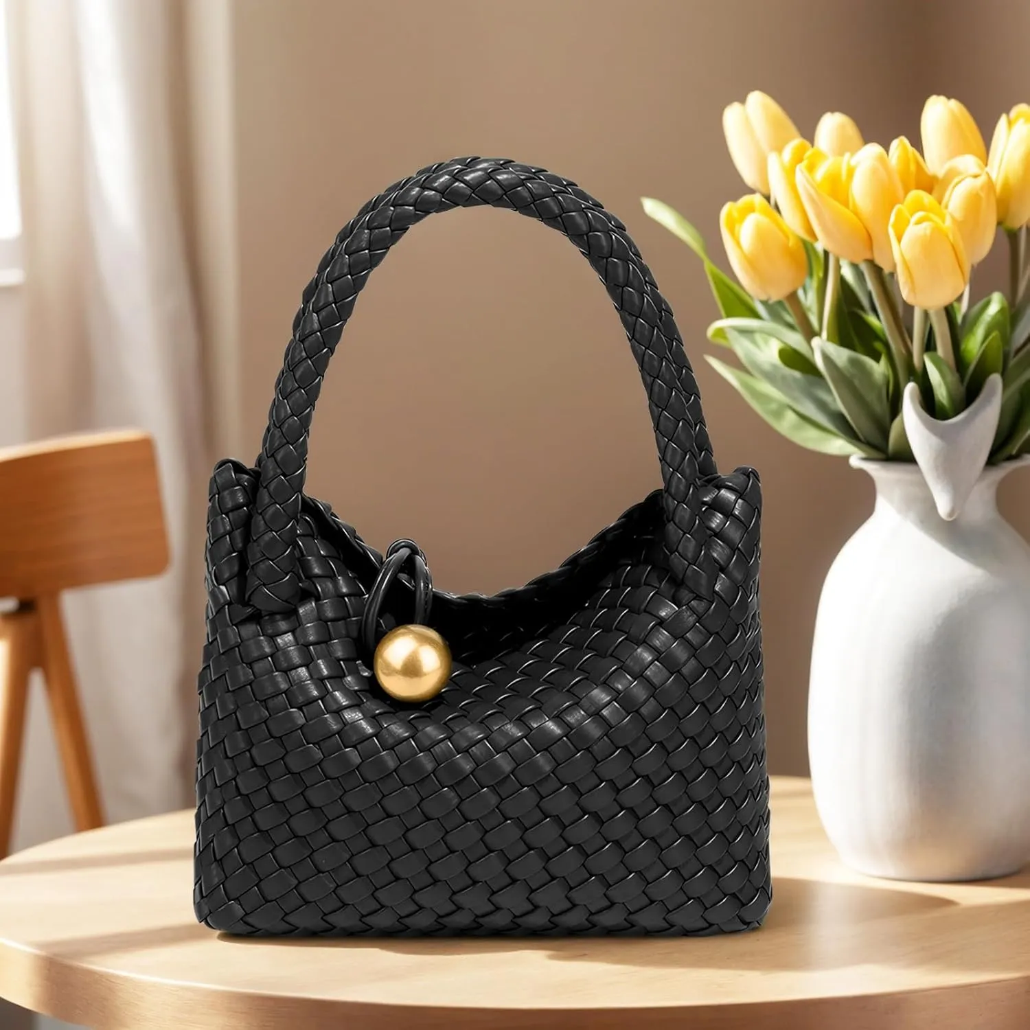 Small Woven Handbag Vegan Leather Top Luxurious Soft Shoulder Crossbody Bag Purse for Women