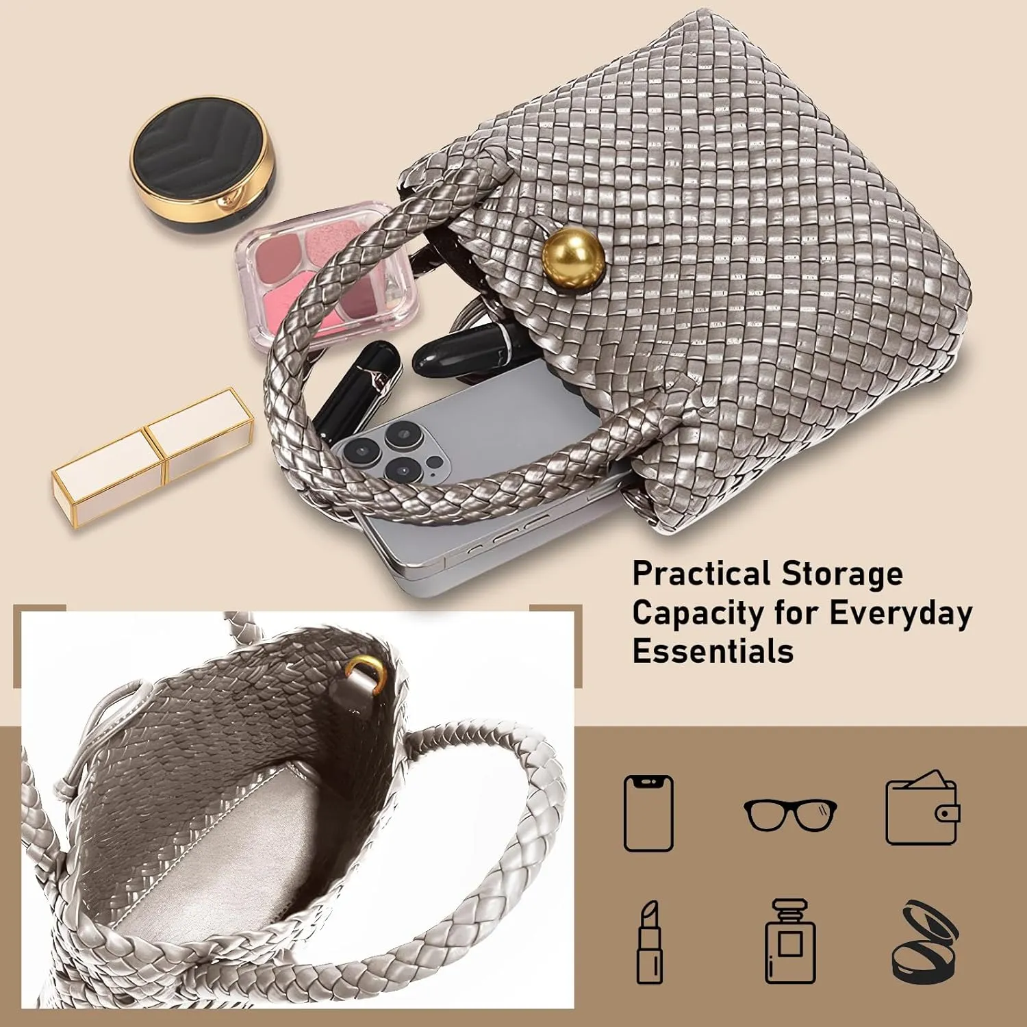 Small Woven Handbag Vegan Leather Top Luxurious Soft Shoulder Crossbody Bag Purse for Women