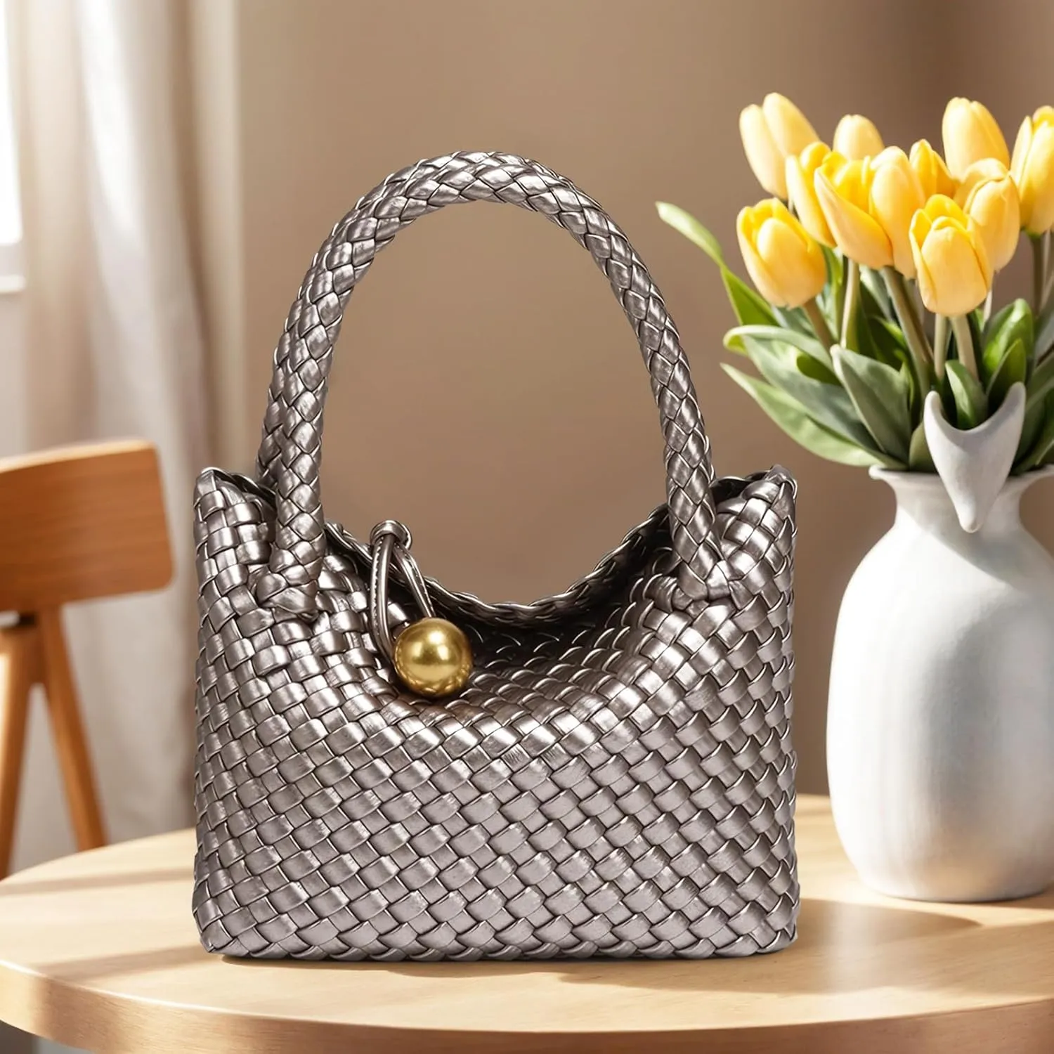 Small Woven Handbag Vegan Leather Top Luxurious Soft Shoulder Crossbody Bag Purse for Women