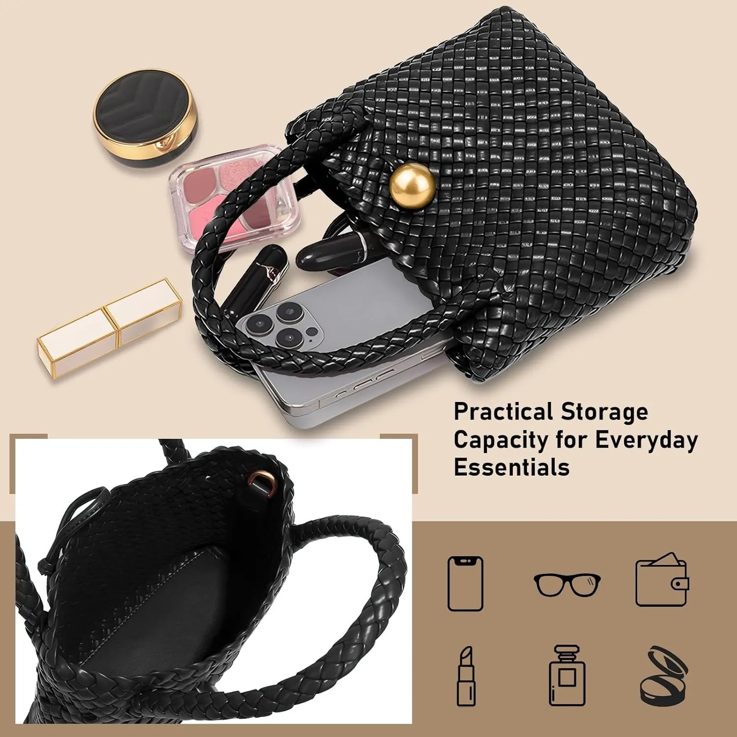 Small Woven Handbag Vegan Leather Top Luxurious Soft Shoulder Crossbody Bag Purse for Women