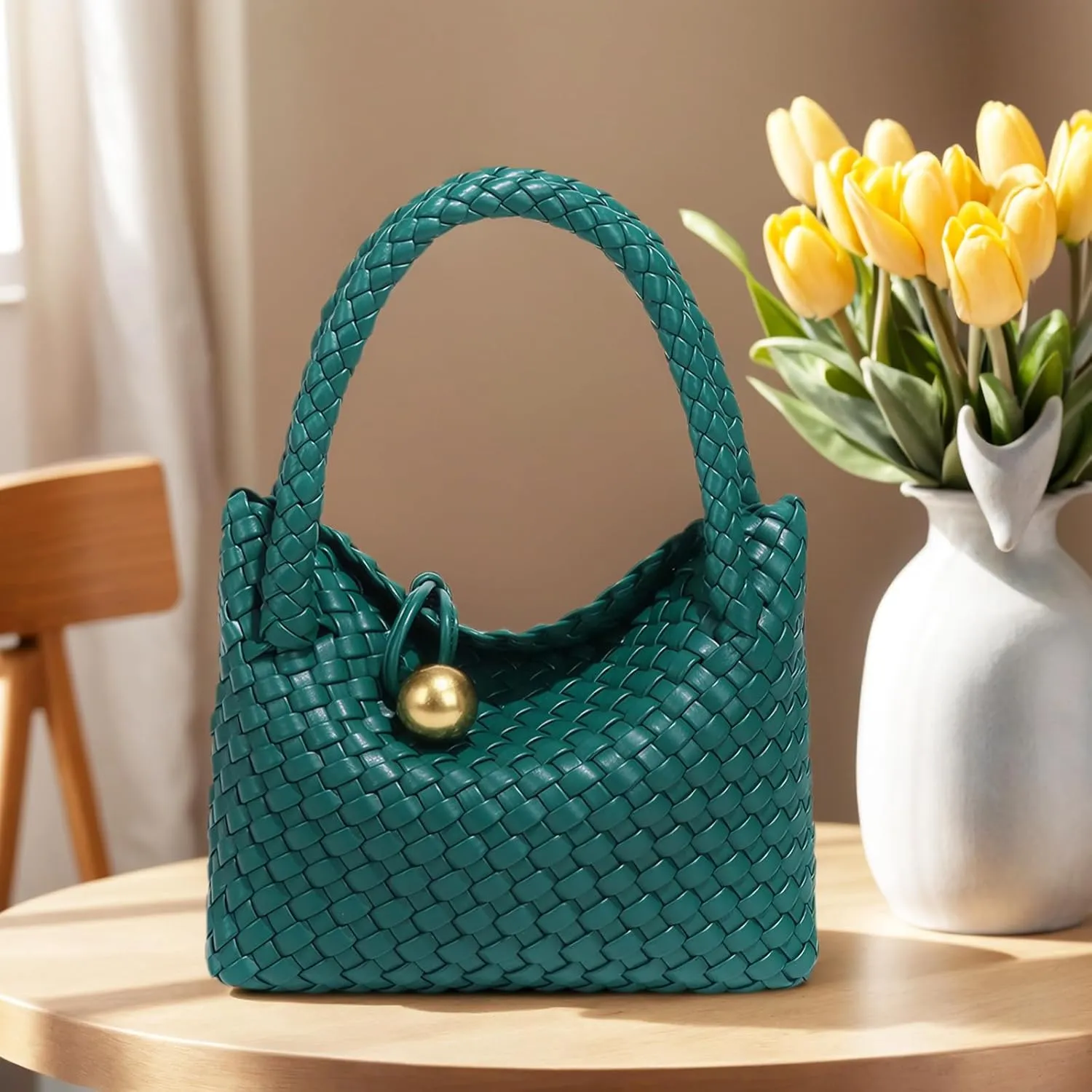 Small Woven Handbag Vegan Leather Top Luxurious Soft Shoulder Crossbody Bag Purse for Women