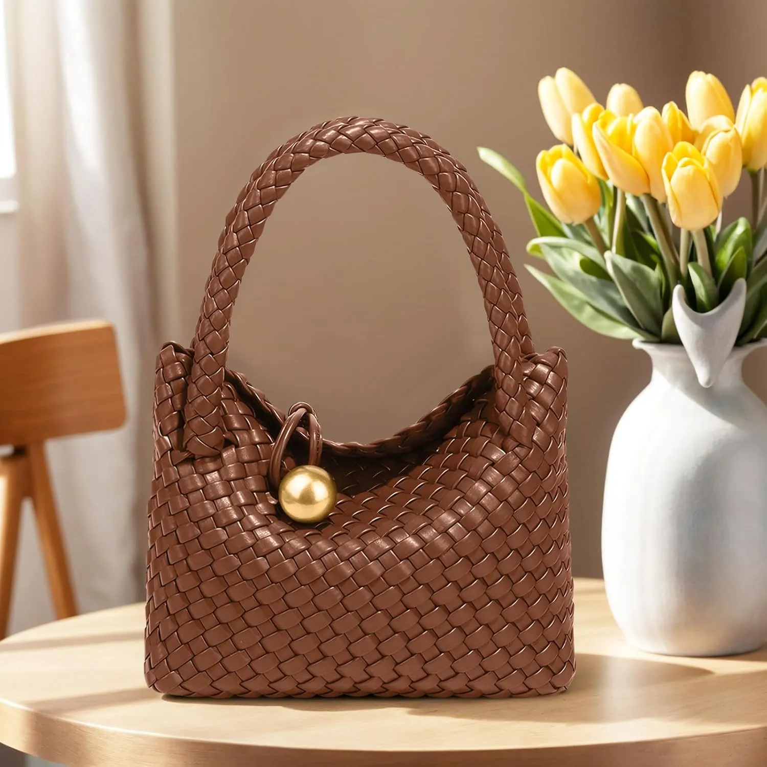 Small Woven Handbag Vegan Leather Top Luxurious Soft Shoulder Crossbody Bag Purse for Women
