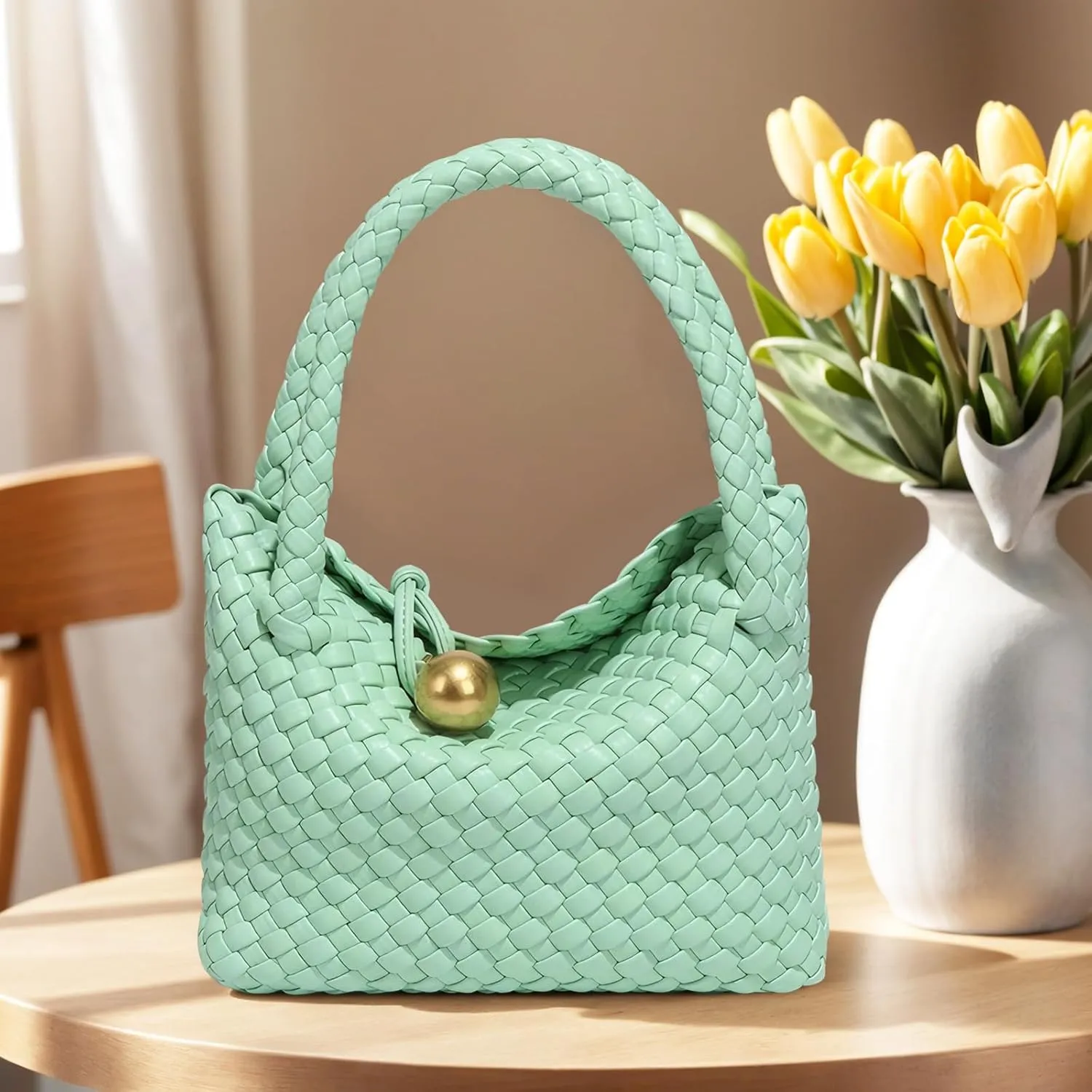 Small Woven Handbag Vegan Leather Top Luxurious Soft Shoulder Crossbody Bag Purse for Women