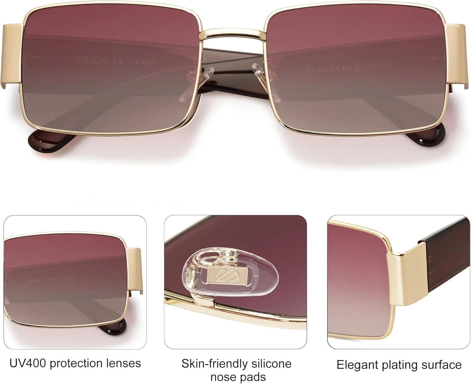 SOJOS Retro Fashion Rectangle Sunglasses Womens Mens Vintage Trendy Square Shades SJ1162