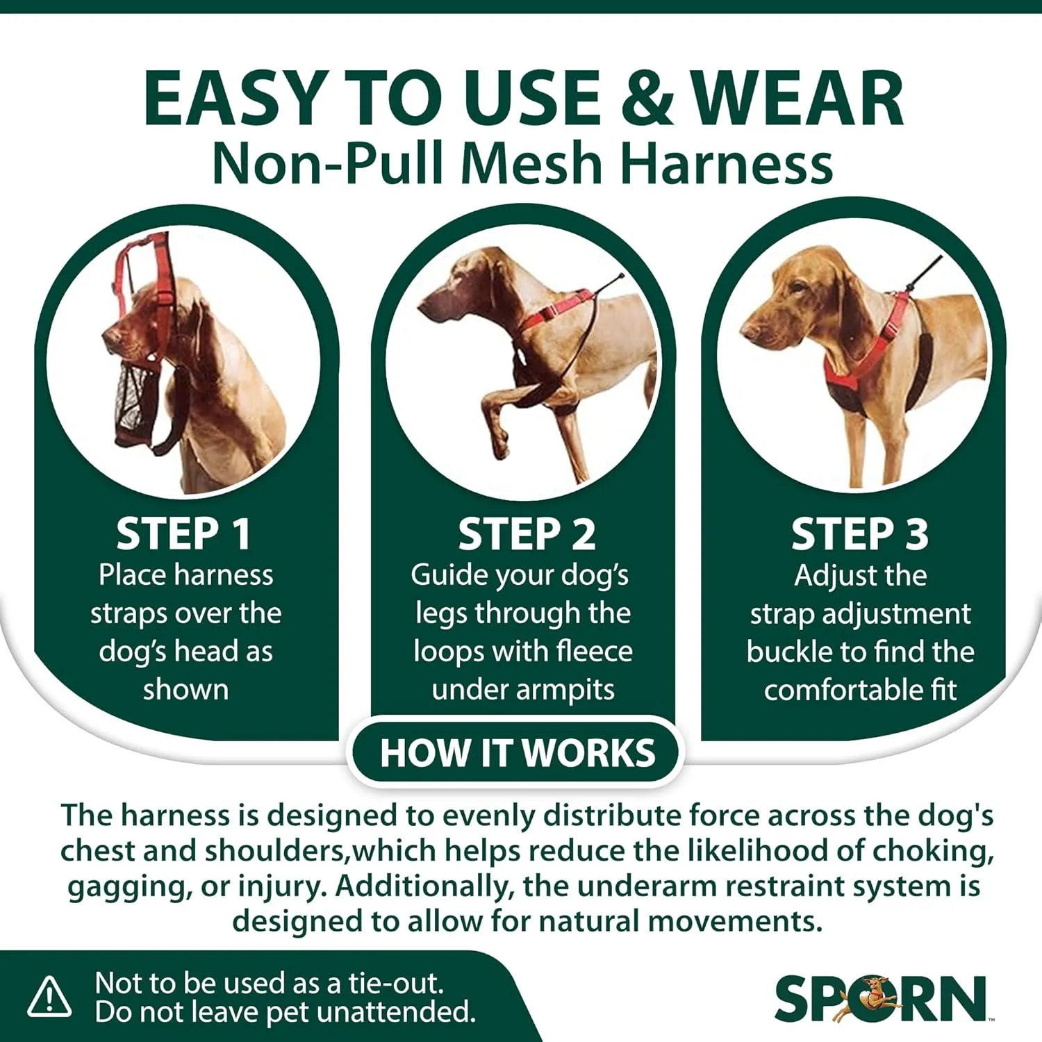 Sporn Large/XL No Pull Dog Harness - Black Mesh Body, Durable Nylon, Breathable, Easy, Heavy Duty Dog Harness for Large Dogs