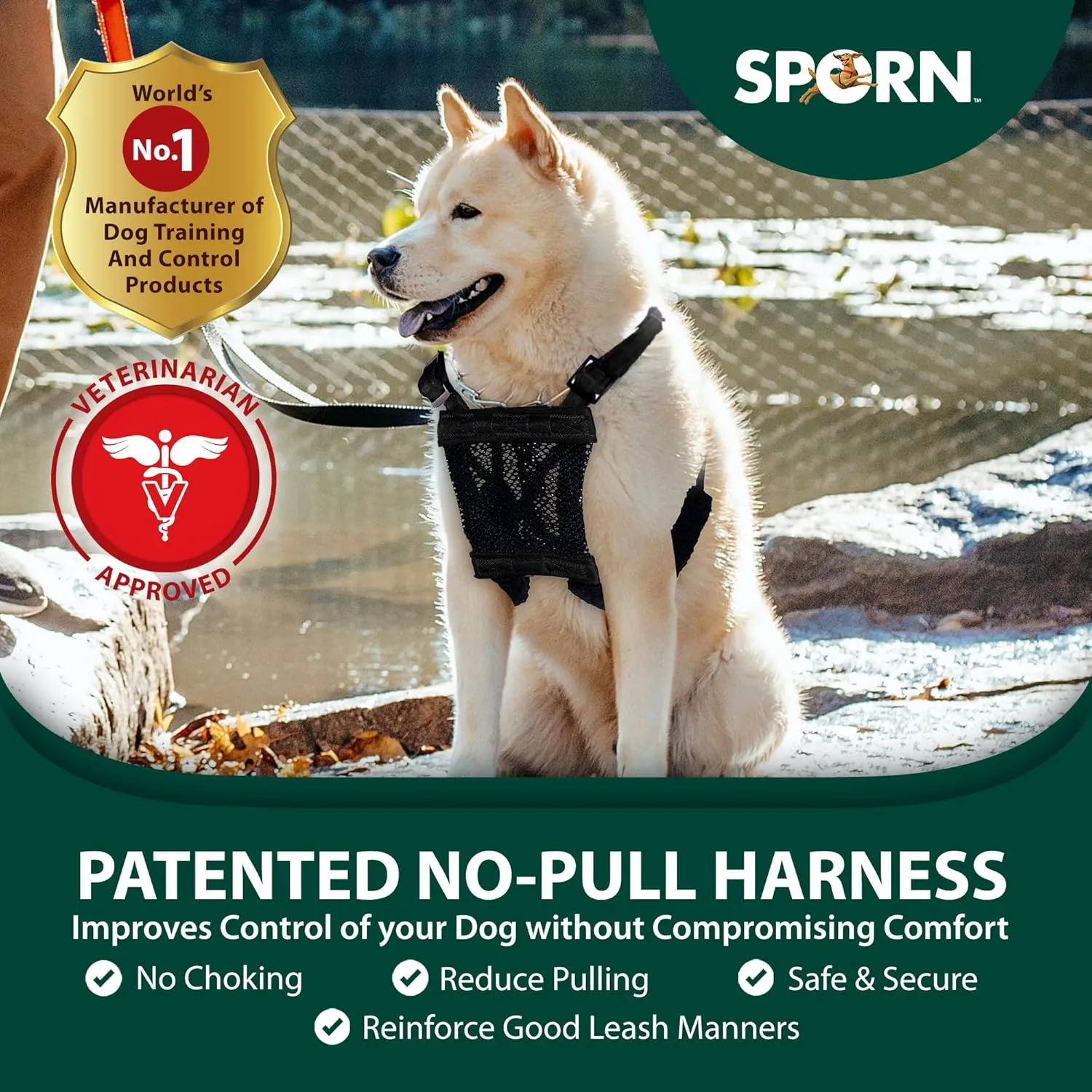 Sporn Large/XL No Pull Dog Harness - Black Mesh Body, Durable Nylon, Breathable, Easy, Heavy Duty Dog Harness for Large Dogs