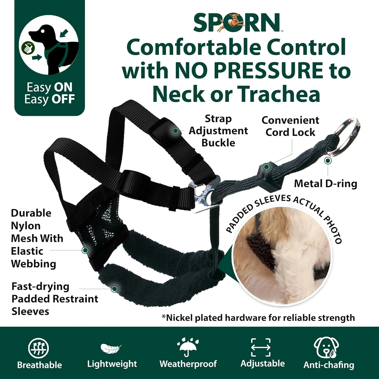 Sporn Large/XL No Pull Dog Harness - Black Mesh Body, Durable Nylon, Breathable, Easy, Heavy Duty Dog Harness for Large Dogs
