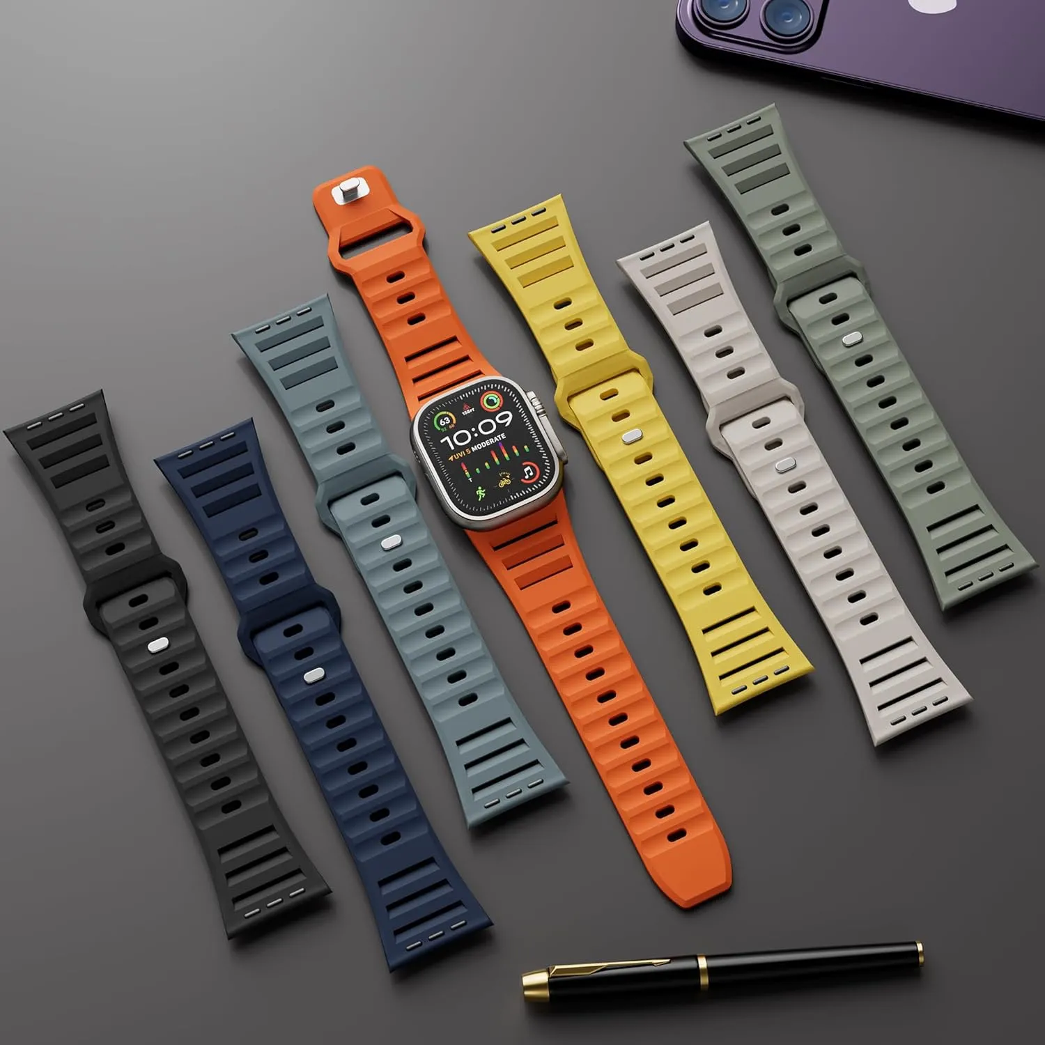 Sport Bands for Apple Watch Ultra 2 Band 49mm 45mm 44mm 42mm Men Women,Rugged Wide Silicone Waterproof Wristbands with Metal Adapter Strap for iWatch Ultra Band Series 9 8 7 6 SE 5 4 3 2,Ultra2/Ultra