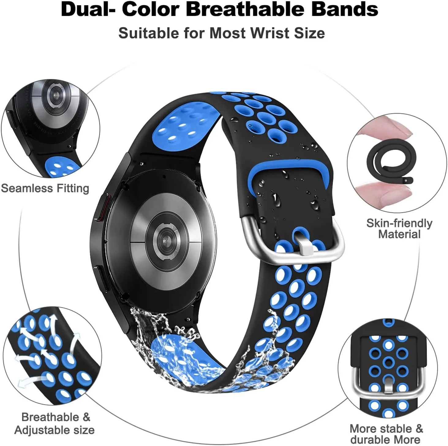 Sport Bands for Samsung Galaxy Watch 7/6/5/4 40mm 44mm,Watch 6/4 Classic 47mm 43mm/46mm 42mm Women/Men,Silicone Strap Galaxy Watch FE Band/Watch 5 Pro 45mm,No Gap Wristband Breathable Correa 3 Pack