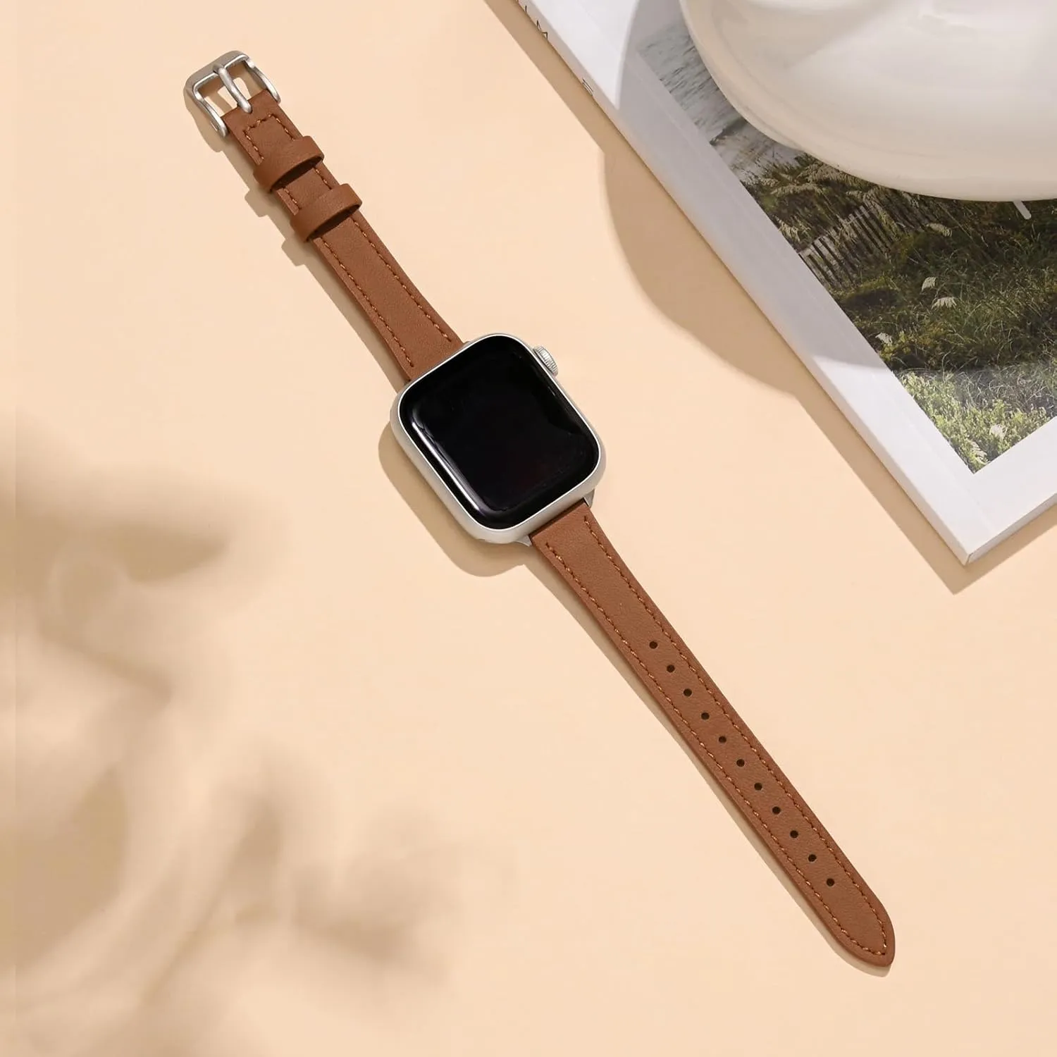 STIROLL Slim Leather Bands Compatible with Apple Watch Band 38mm 40mm 41mm 42mm 44mm 45mm 46mm 49mm, Top Grain Leather Watch Thin Wristband for iWatch Ultra SE Series 10/9/8/7/6/5/4/3/2/1