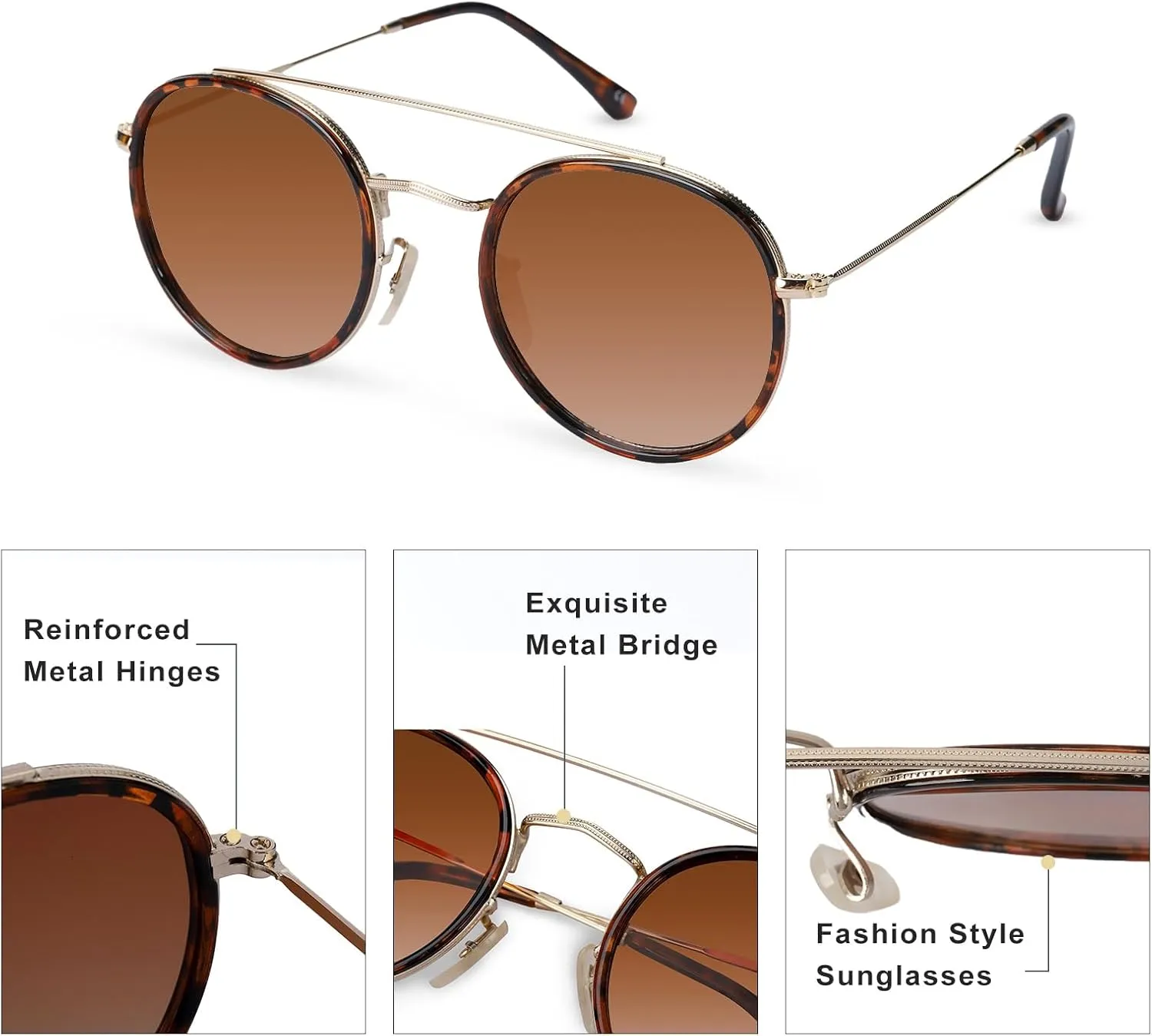 Sumato Retro Round Double Bridge Sunglasses for Women Men Twin Beams Tortoise Circular UV400 Sunnies