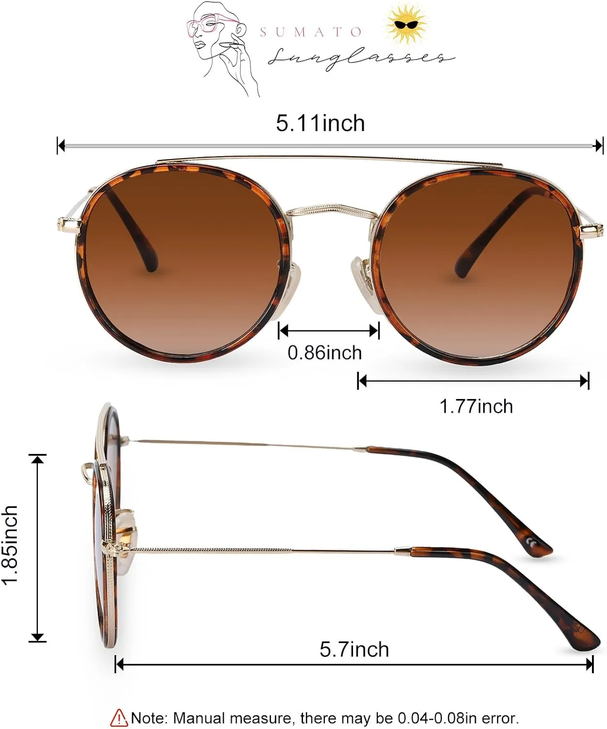 Sumato Retro Round Double Bridge Sunglasses for Women Men Twin Beams Tortoise Circular UV400 Sunnies