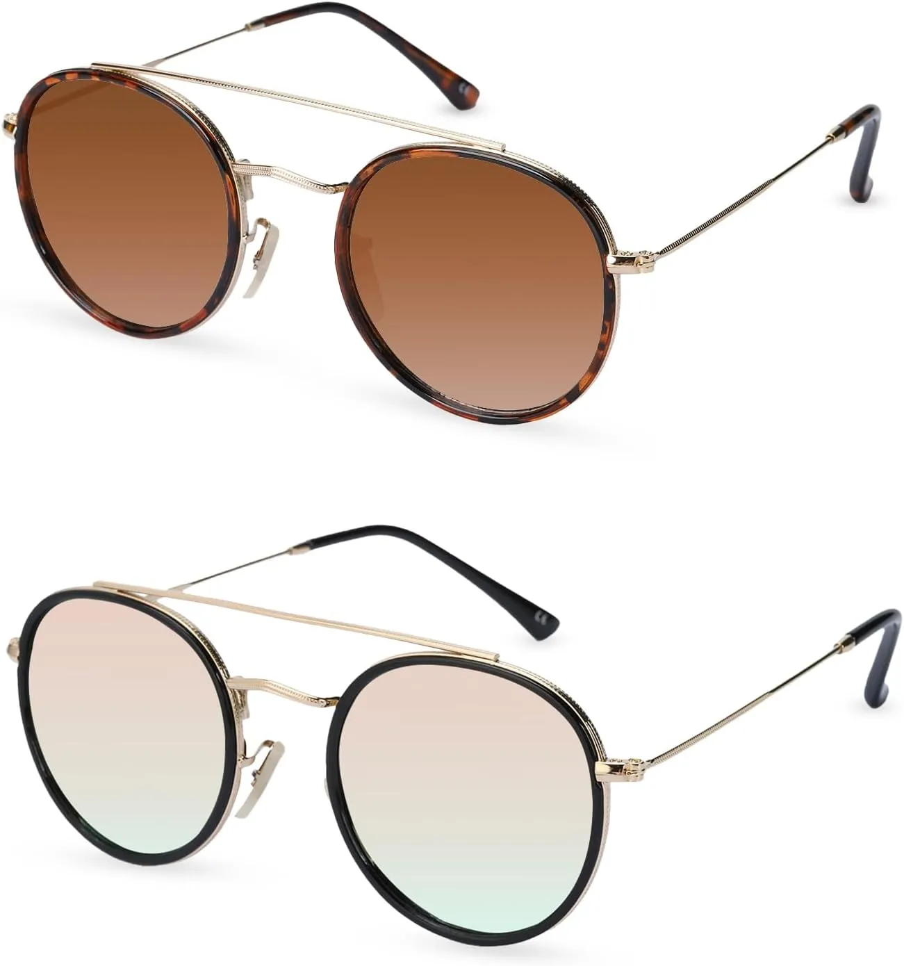 Sumato Retro Round Double Bridge Sunglasses for Women Men Twin Beams Tortoise Circular UV400 Sunnies