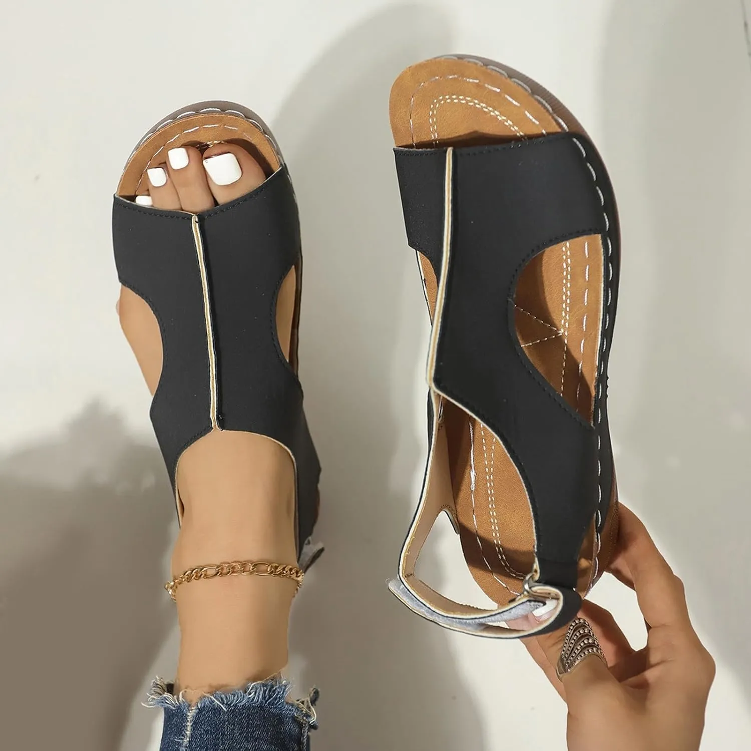 Summer Sandals for Women 2025 Platform Sandals Bohemia Ankle Strap Wedge Orthopedic Sandal for Women Open Toe Flip-Flops Lightweight Wedge Sandal Casual Walking Low Walking Shoes 2025